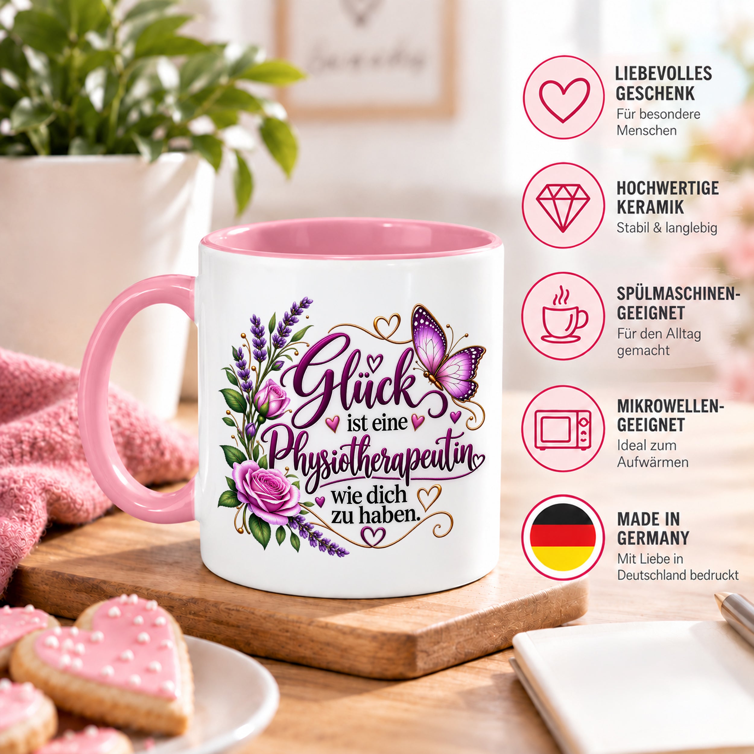 Herzbotschaft Tasse Physiotherapeutin – Glück ist eine Physiotherapeutin wie dich zu haben – liebevolles Geschenk für Physiotherapie, Physiotherapeutin, Praxis, Kollegin, Geburtstag, Weihnachten, Abschied oder Dankeschön – 330 ml Keramiktasse