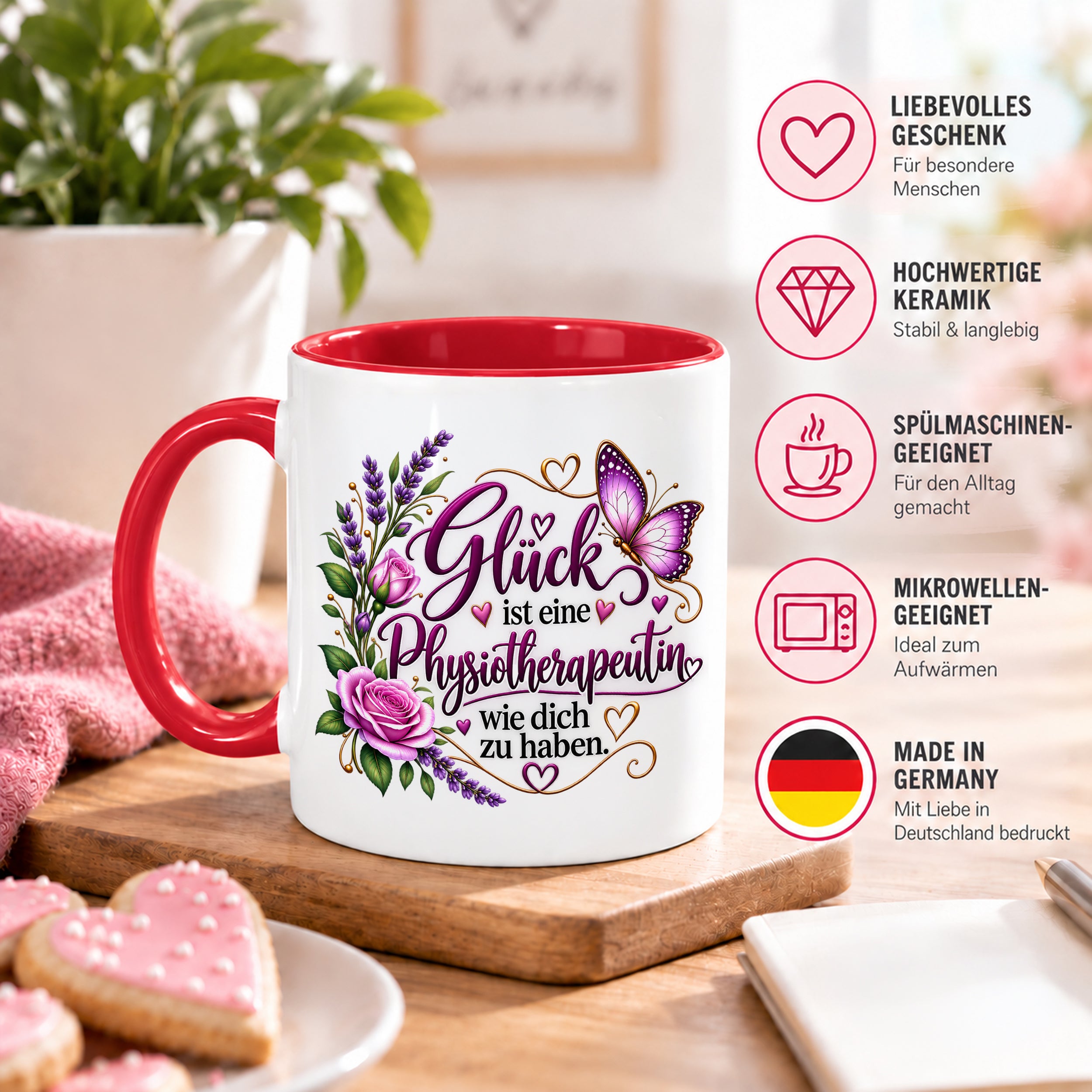 Herzbotschaft Tasse Physiotherapeutin – Glück ist eine Physiotherapeutin wie dich zu haben – liebevolles Geschenk für Physiotherapie, Physiotherapeutin, Praxis, Kollegin, Geburtstag, Weihnachten, Abschied oder Dankeschön – 330 ml Keramiktasse