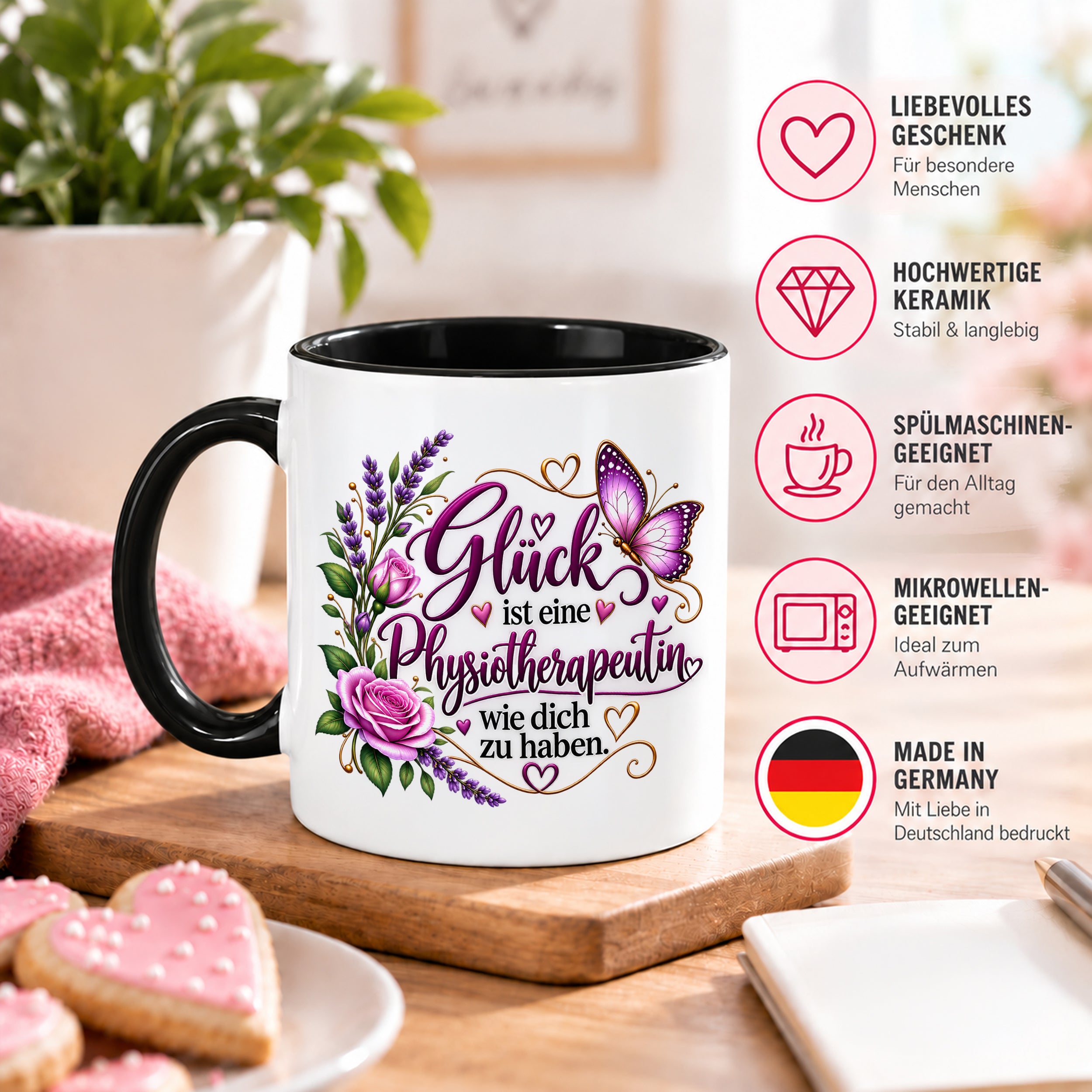 Herzbotschaft Tasse Physiotherapeutin – Glück ist eine Physiotherapeutin wie dich zu haben – liebevolles Geschenk für Physiotherapie, Physiotherapeutin, Praxis, Kollegin, Geburtstag, Weihnachten, Abschied oder Dankeschön – 330 ml Keramiktasse