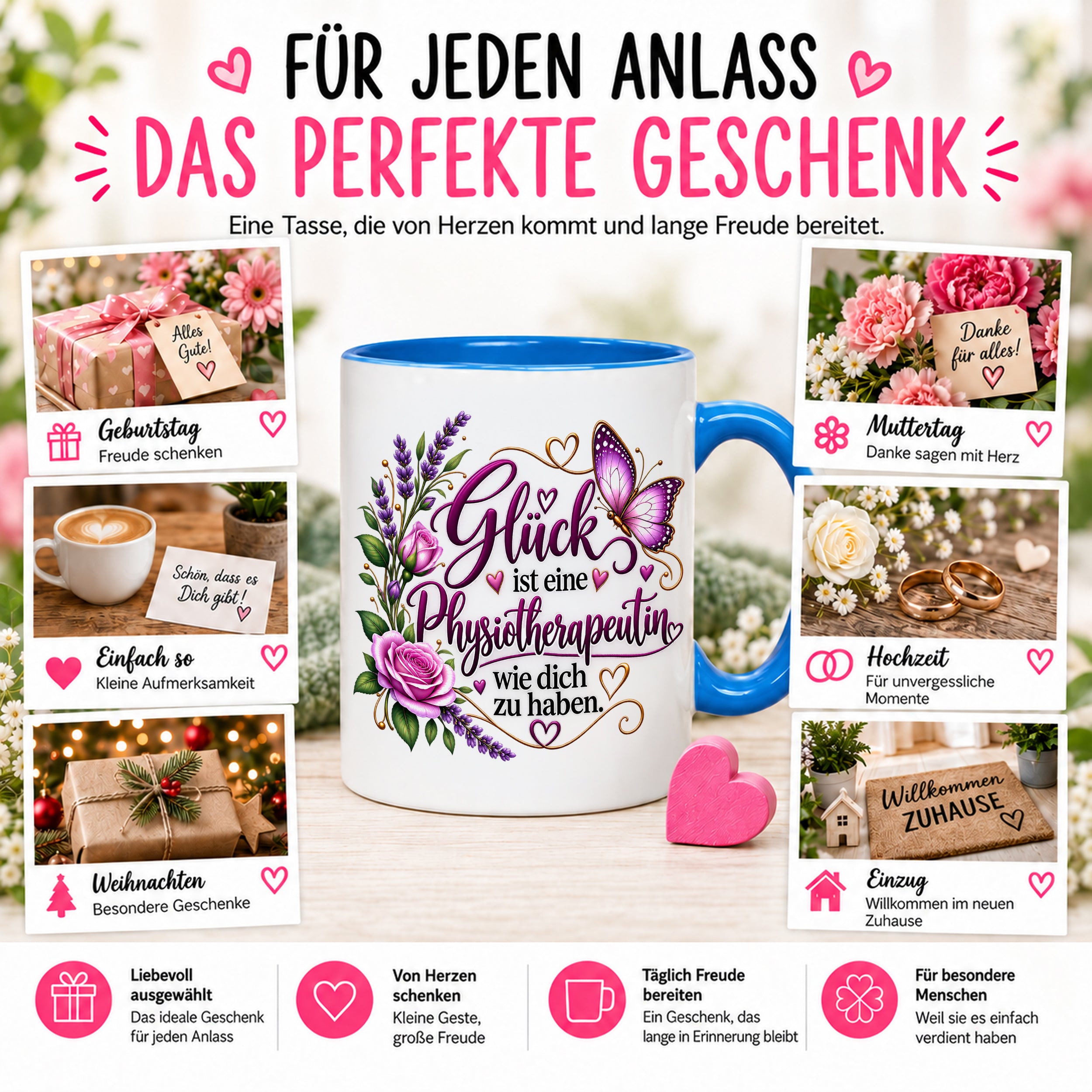 Herzbotschaft Tasse Physiotherapeutin – Glück ist eine Physiotherapeutin wie dich zu haben – liebevolles Geschenk für Physiotherapie, Physiotherapeutin, Praxis, Kollegin, Geburtstag, Weihnachten, Abschied oder Dankeschön – 330 ml Keramiktasse