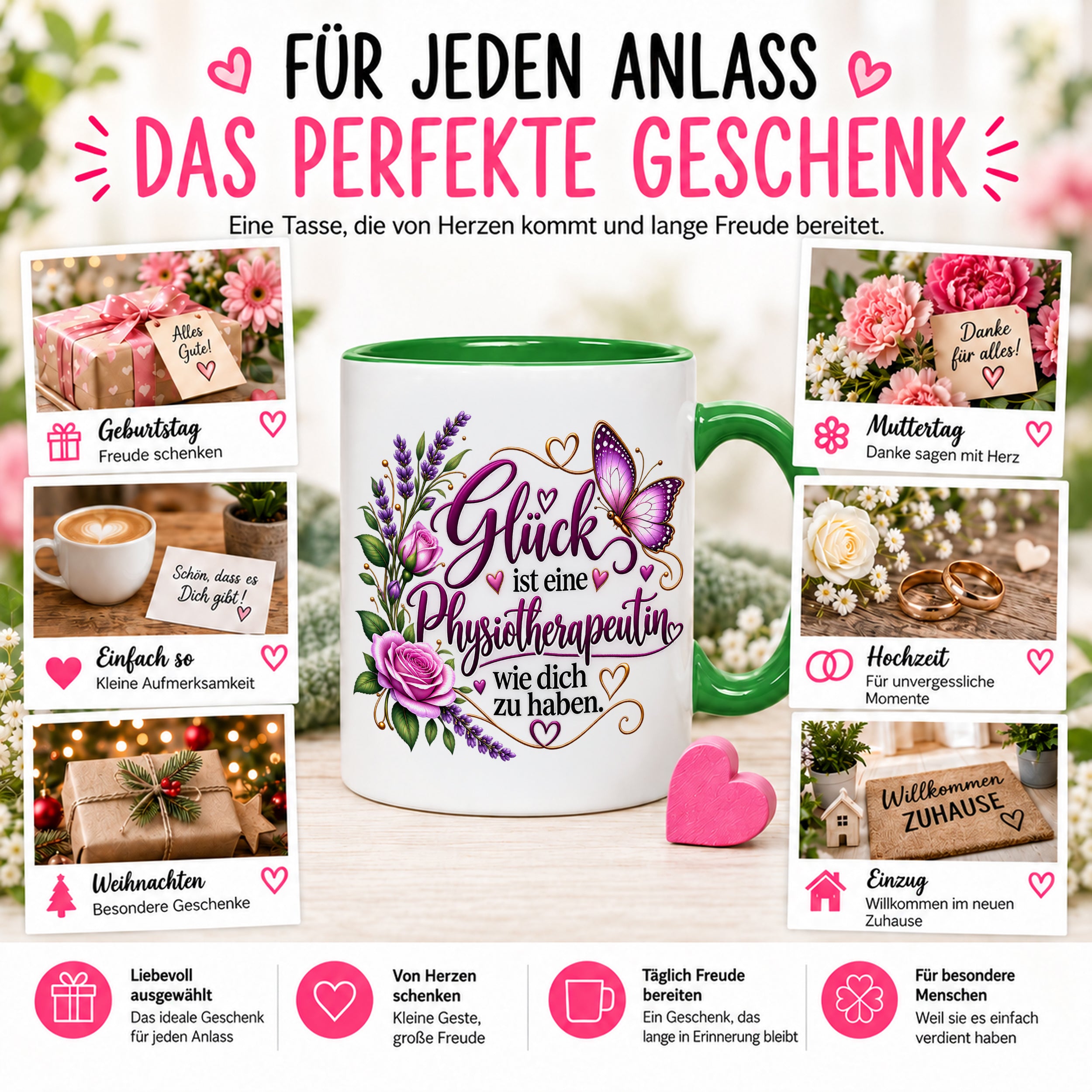 Herzbotschaft Tasse Physiotherapeutin – Glück ist eine Physiotherapeutin wie dich zu haben – liebevolles Geschenk für Physiotherapie, Physiotherapeutin, Praxis, Kollegin, Geburtstag, Weihnachten, Abschied oder Dankeschön – 330 ml Keramiktasse