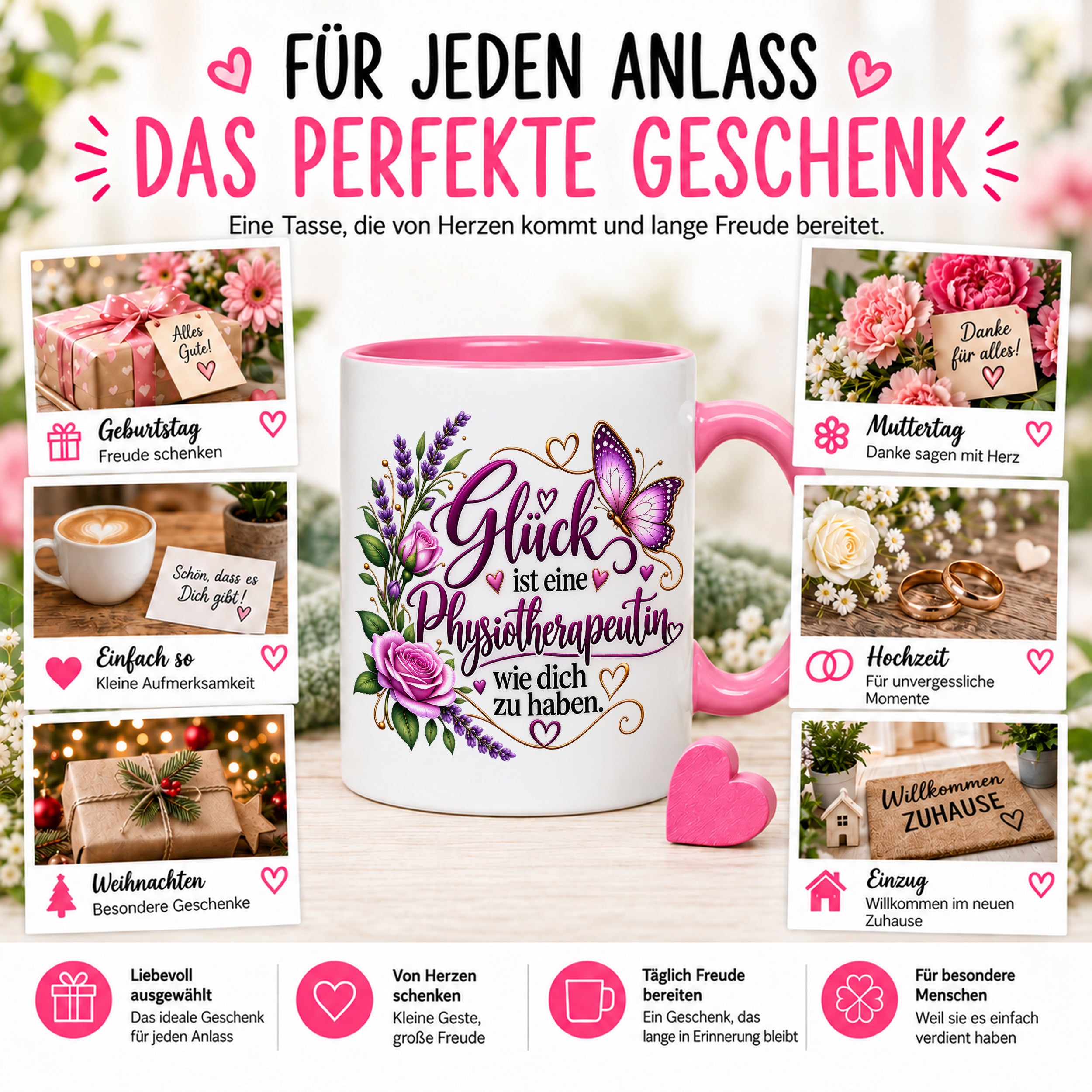 Herzbotschaft Tasse Physiotherapeutin – Glück ist eine Physiotherapeutin wie dich zu haben – liebevolles Geschenk für Physiotherapie, Physiotherapeutin, Praxis, Kollegin, Geburtstag, Weihnachten, Abschied oder Dankeschön – 330 ml Keramiktasse