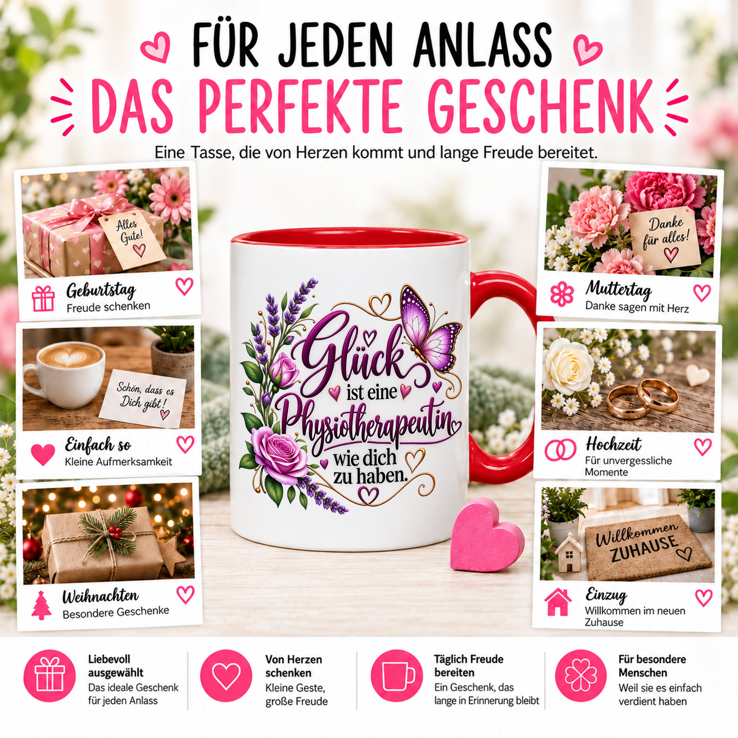 Herzbotschaft Tasse Physiotherapeutin – Glück ist eine Physiotherapeutin wie dich zu haben – liebevolles Geschenk für Physiotherapie, Physiotherapeutin, Praxis, Kollegin, Geburtstag, Weihnachten, Abschied oder Dankeschön – 330 ml Keramiktasse