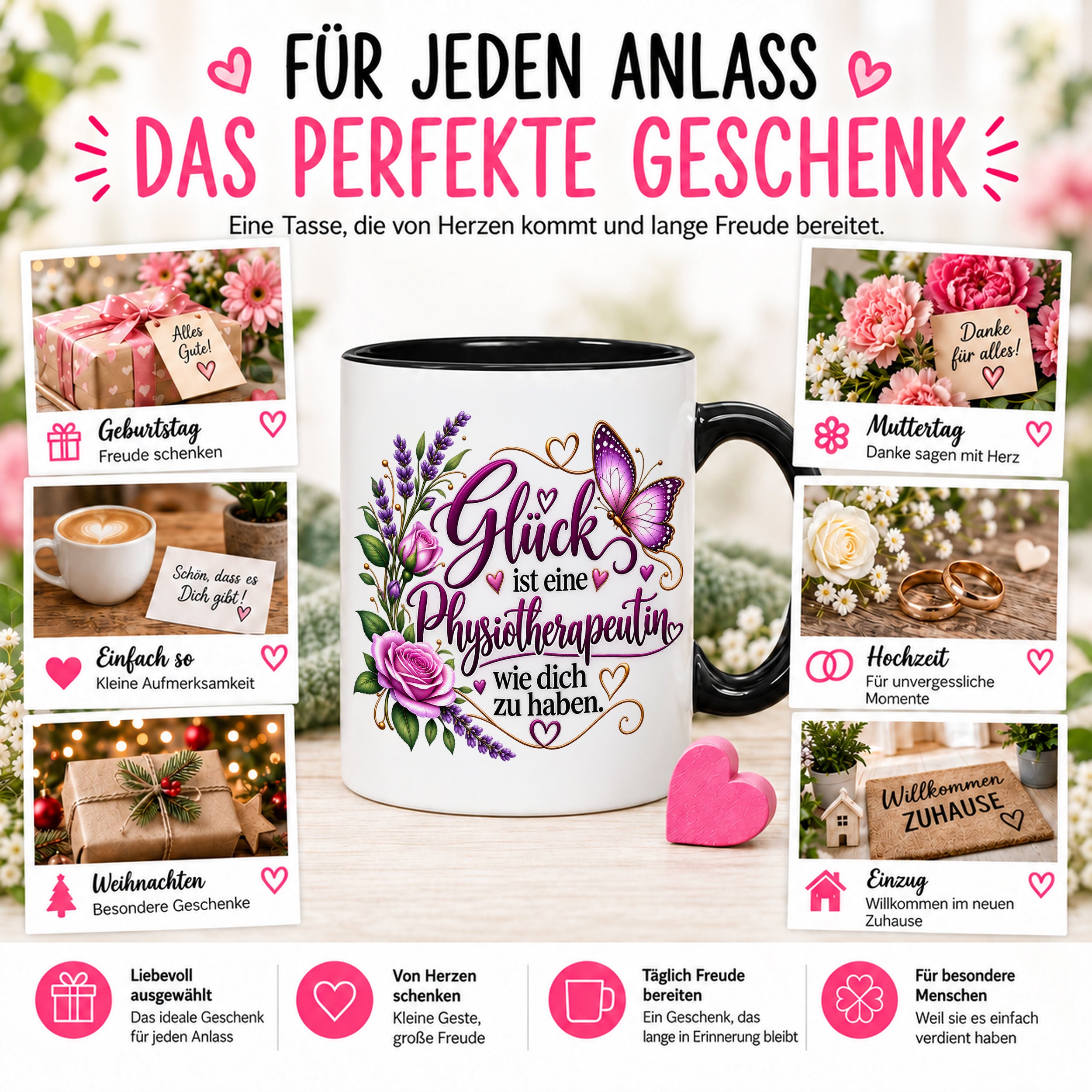 Herzbotschaft Tasse Physiotherapeutin – Glück ist eine Physiotherapeutin wie dich zu haben – liebevolles Geschenk für Physiotherapie, Physiotherapeutin, Praxis, Kollegin, Geburtstag, Weihnachten, Abschied oder Dankeschön – 330 ml Keramiktasse