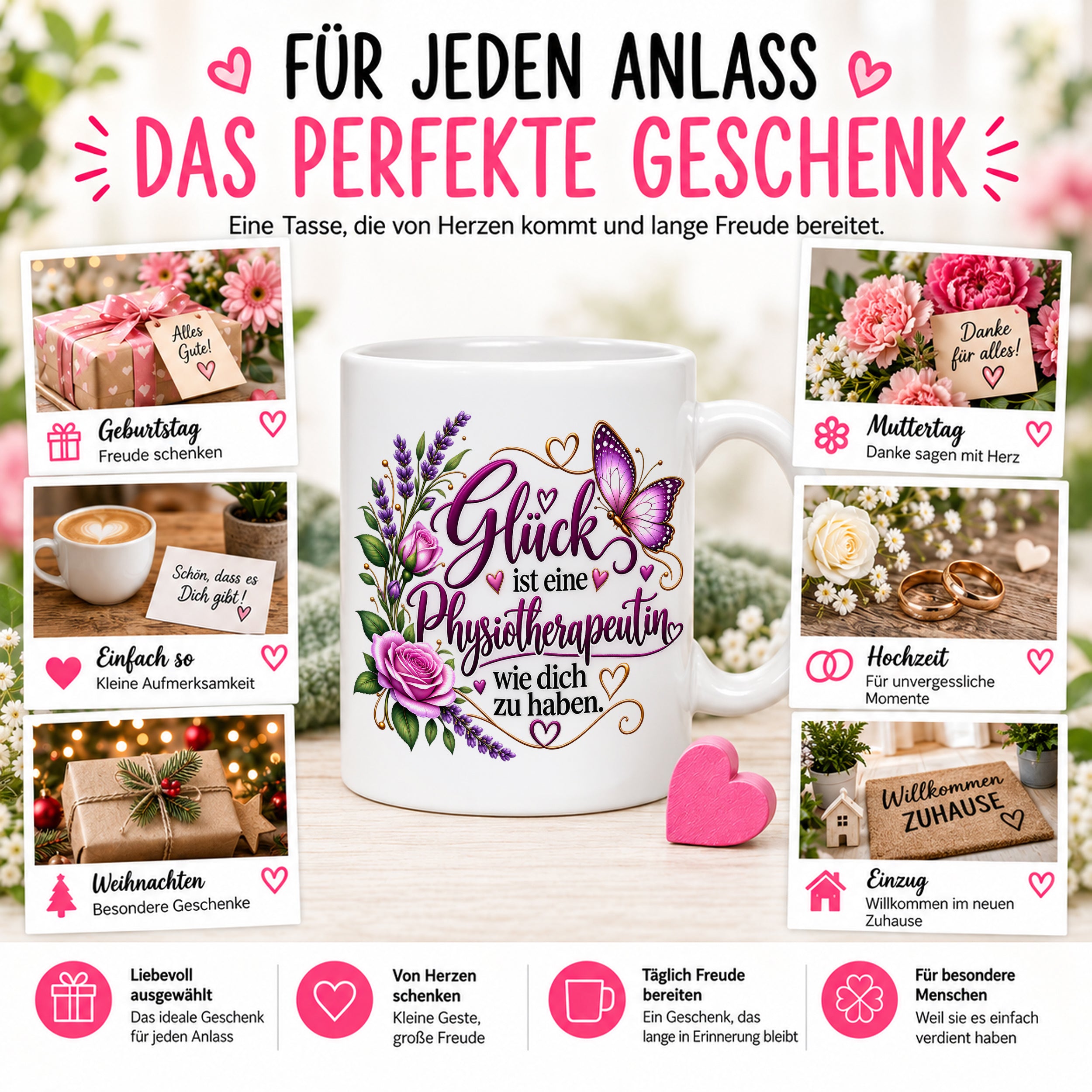 Herzbotschaft Tasse Physiotherapeutin – Glück ist eine Physiotherapeutin wie dich zu haben – liebevolles Geschenk für Physiotherapie, Physiotherapeutin, Praxis, Kollegin, Geburtstag, Weihnachten, Abschied oder Dankeschön – 330 ml Keramiktasse