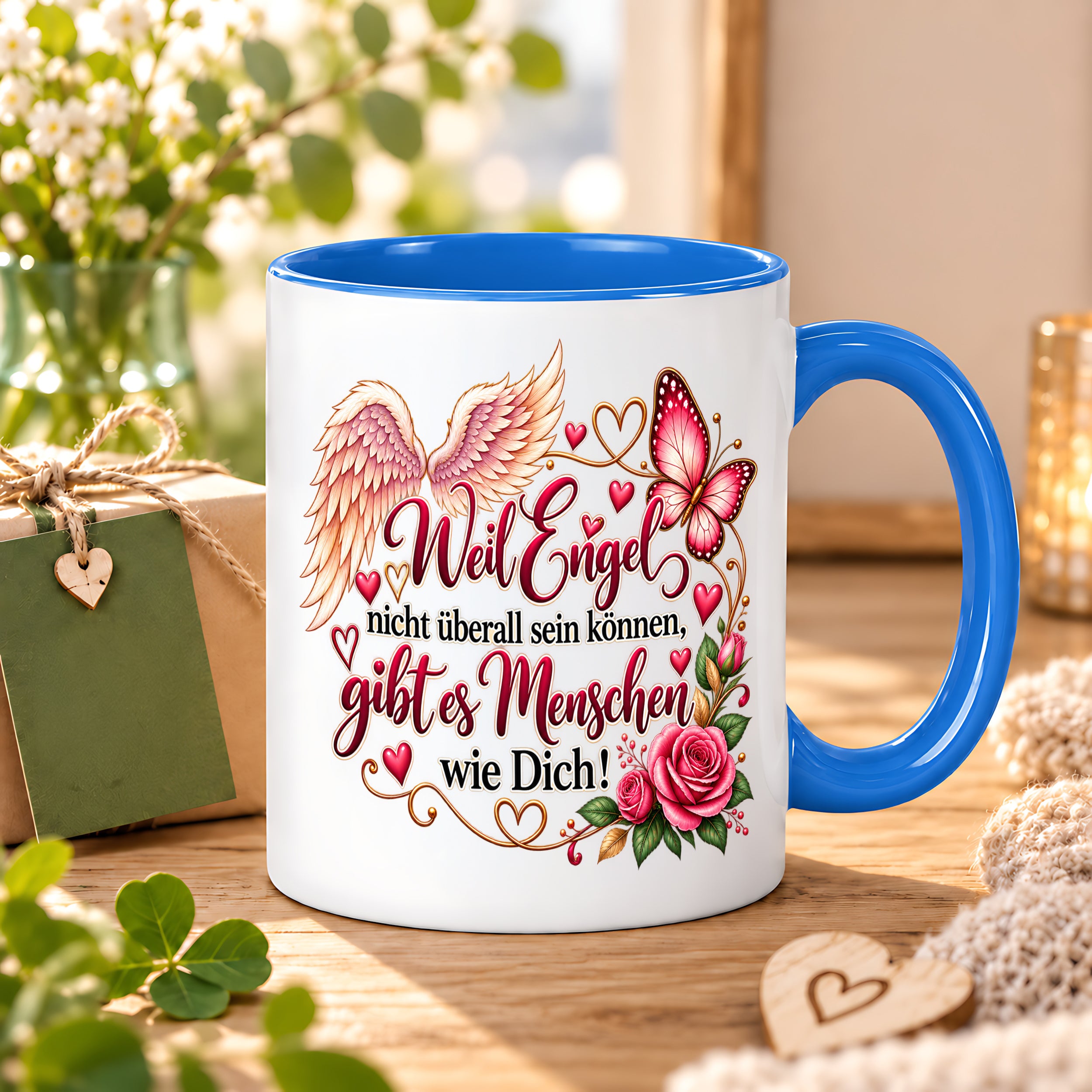 Herzbotschaft Tasse Weil Engel nicht überall sein können gibt es Menschen wie Dich – liebevolles Geschenk für besondere Menschen, Freundin, Mama, Schwester, Kollegin, Dankeschön, Geburtstag oder Weihnachten – 330 ml Keramiktasse