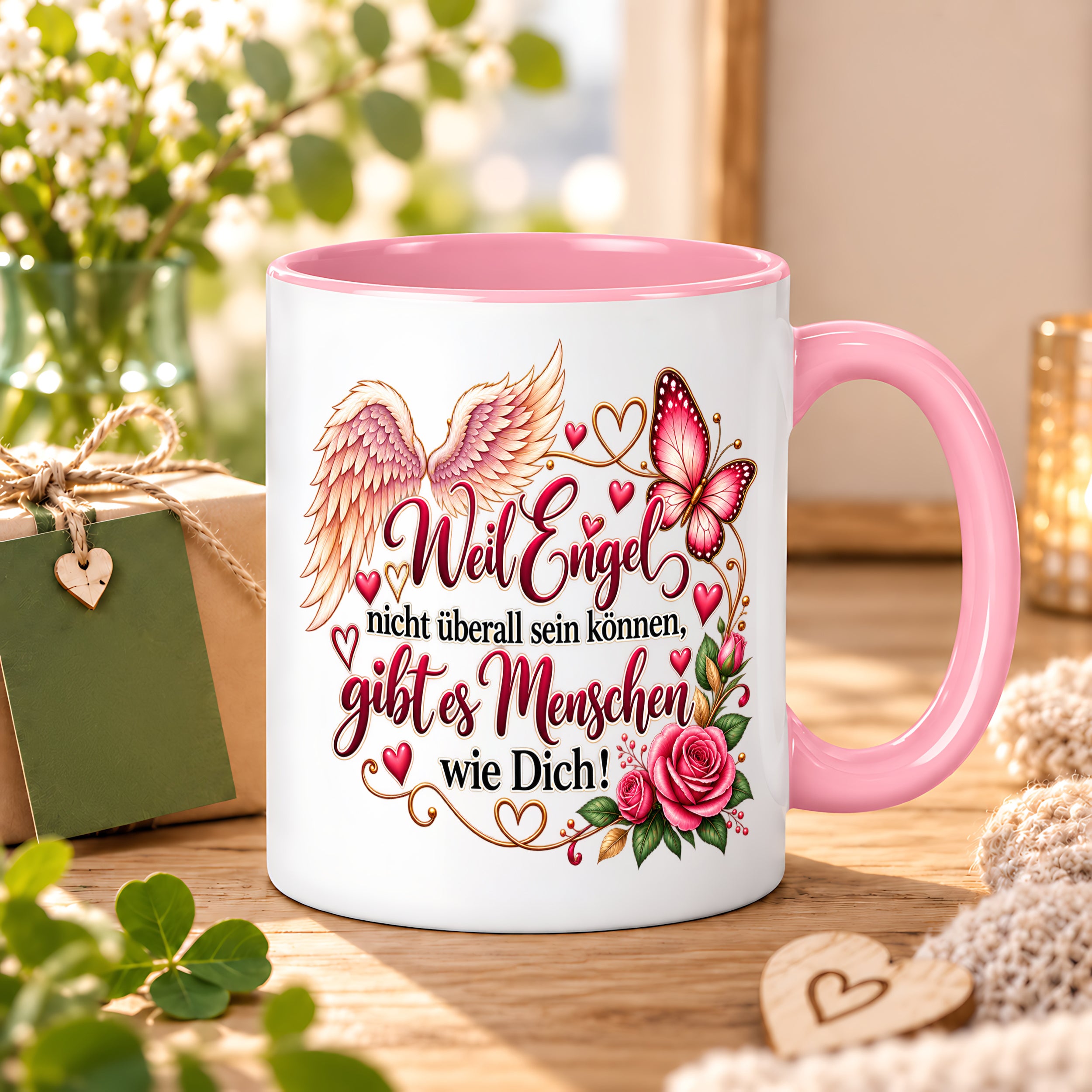 Herzbotschaft Tasse Weil Engel nicht überall sein können gibt es Menschen wie Dich – liebevolles Geschenk für besondere Menschen, Freundin, Mama, Schwester, Kollegin, Dankeschön, Geburtstag oder Weihnachten – 330 ml Keramiktasse