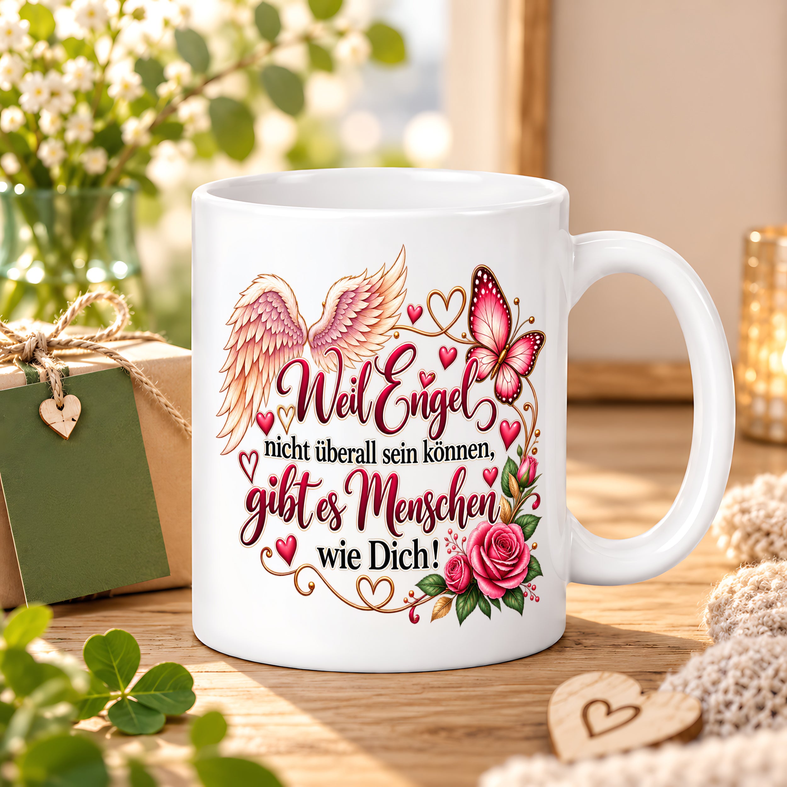 Herzbotschaft Tasse Weil Engel nicht überall sein können gibt es Menschen wie Dich – liebevolles Geschenk für besondere Menschen, Freundin, Mama, Schwester, Kollegin, Dankeschön, Geburtstag oder Weihnachten – 330 ml Keramiktasse