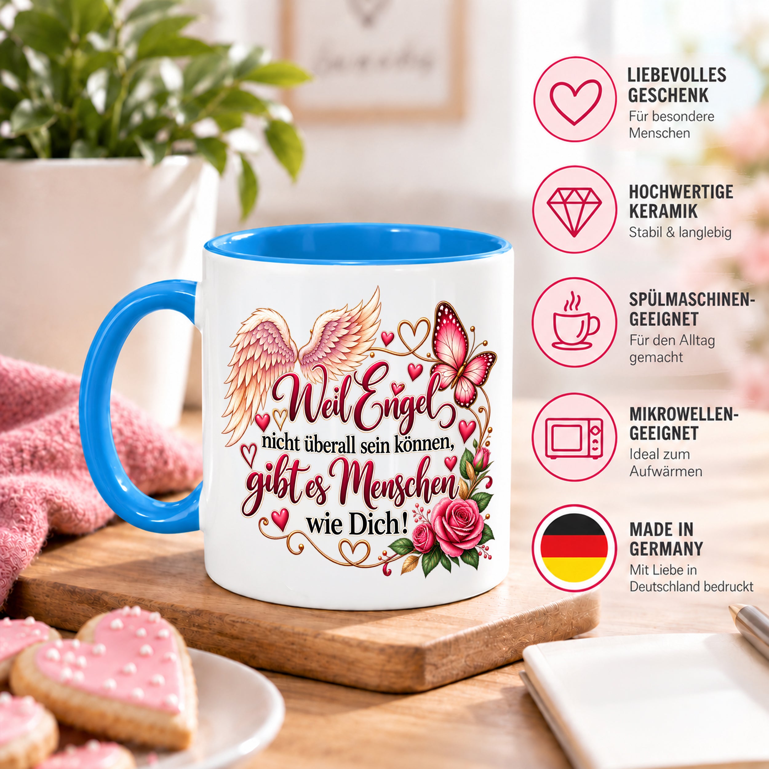 Herzbotschaft Tasse Weil Engel nicht überall sein können gibt es Menschen wie Dich – liebevolles Geschenk für besondere Menschen, Freundin, Mama, Schwester, Kollegin, Dankeschön, Geburtstag oder Weihnachten – 330 ml Keramiktasse