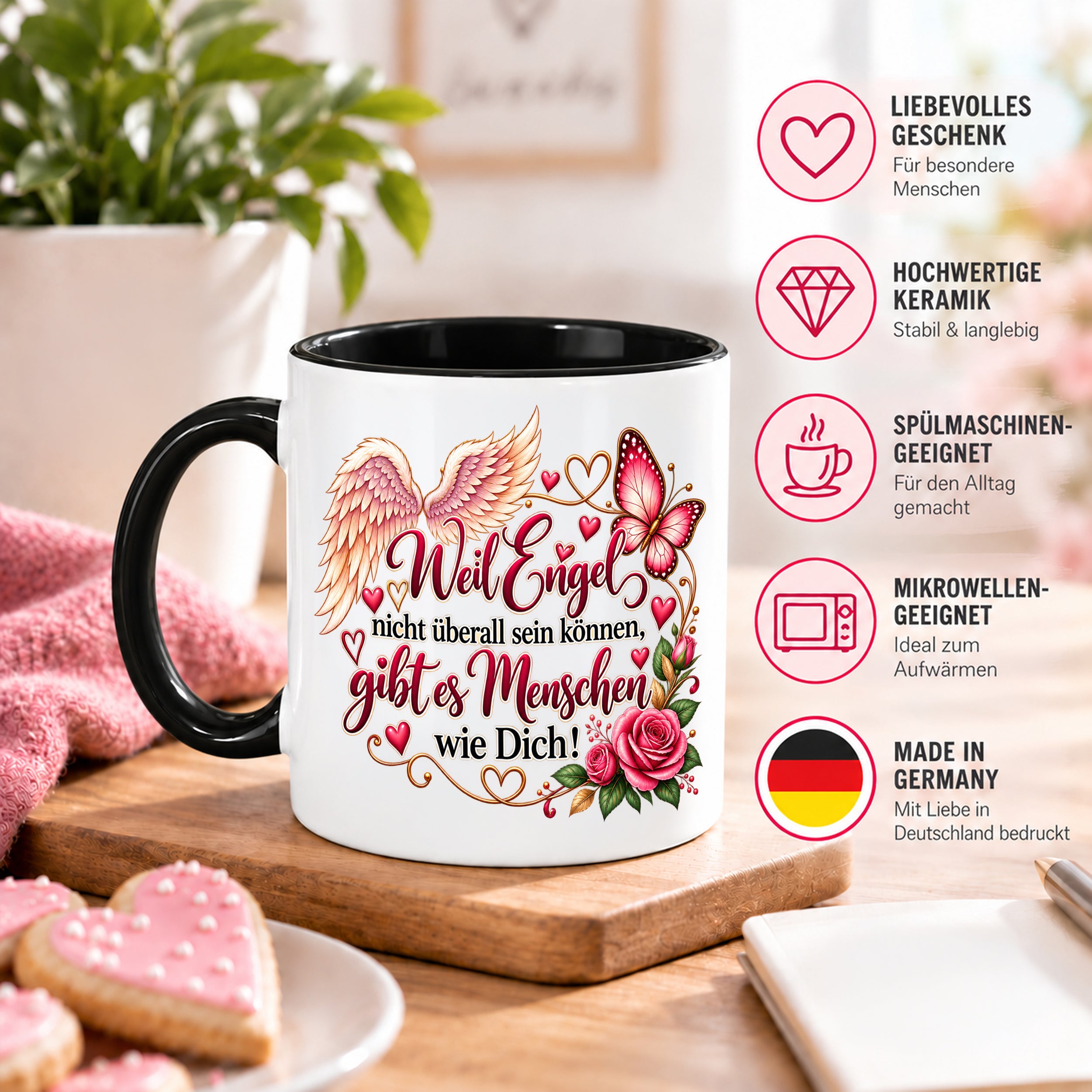 Herzbotschaft Tasse Weil Engel nicht überall sein können gibt es Menschen wie Dich – liebevolles Geschenk für besondere Menschen, Freundin, Mama, Schwester, Kollegin, Dankeschön, Geburtstag oder Weihnachten – 330 ml Keramiktasse