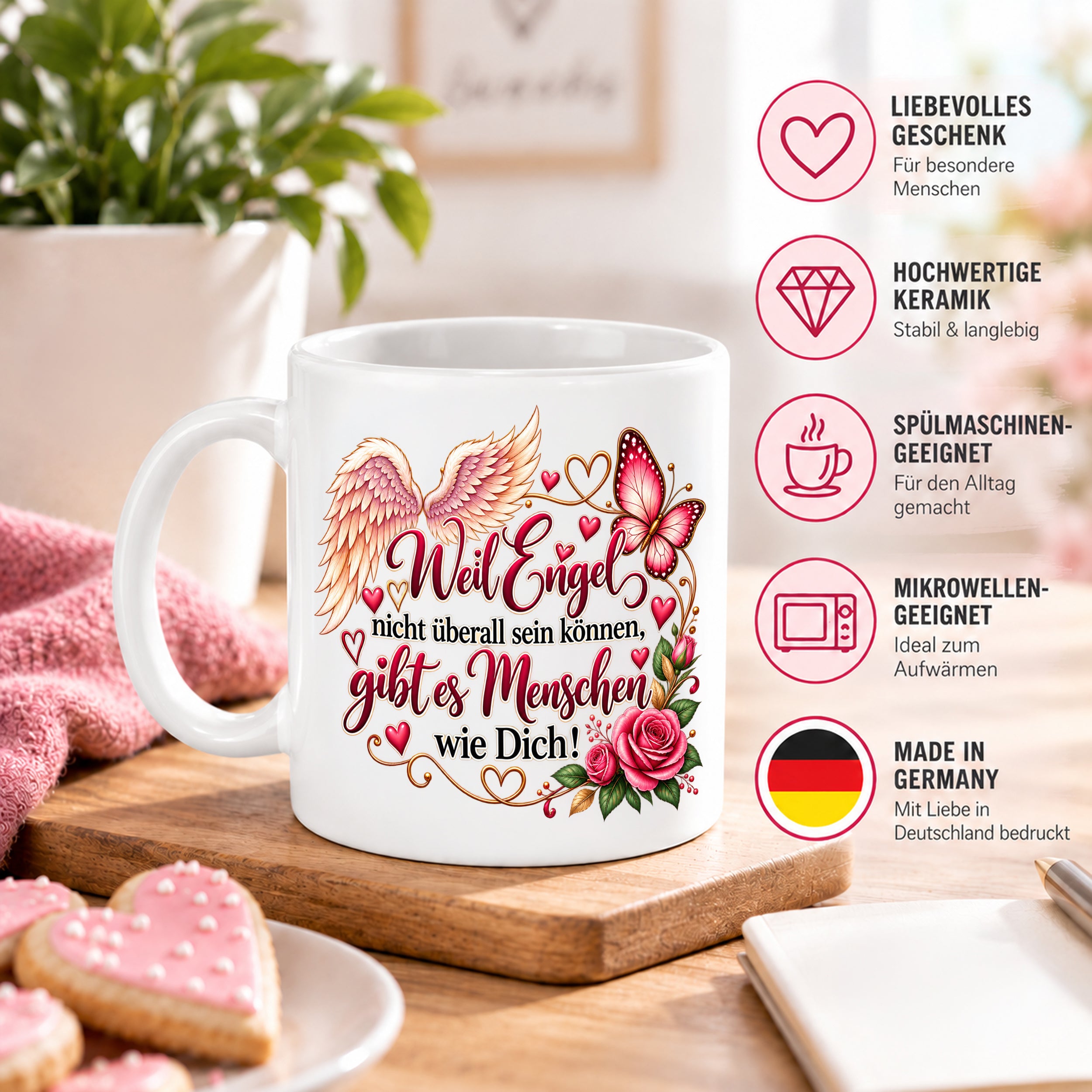 Herzbotschaft Tasse Weil Engel nicht überall sein können gibt es Menschen wie Dich – liebevolles Geschenk für besondere Menschen, Freundin, Mama, Schwester, Kollegin, Dankeschön, Geburtstag oder Weihnachten – 330 ml Keramiktasse