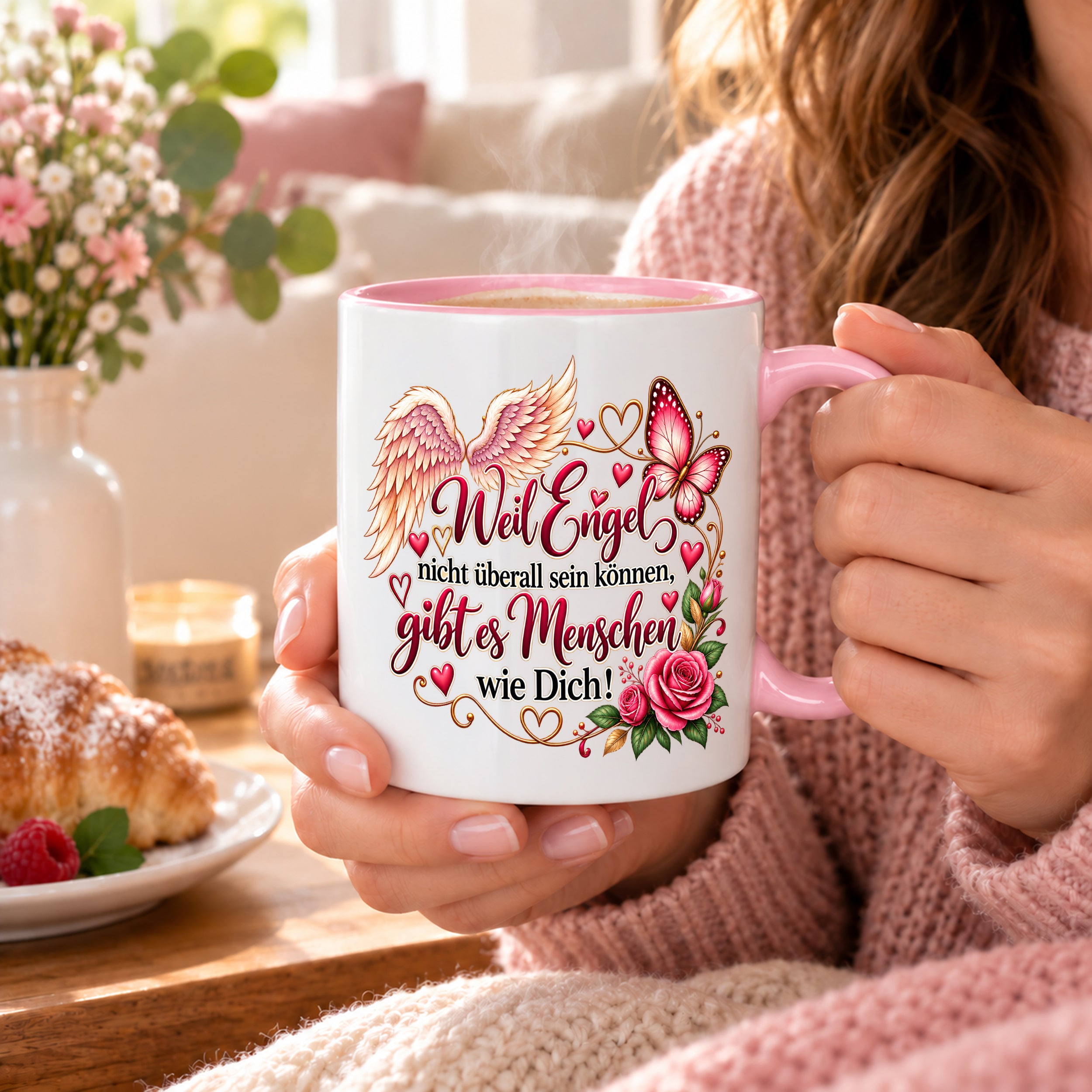 Herzbotschaft Tasse Weil Engel nicht überall sein können gibt es Menschen wie Dich – liebevolles Geschenk für besondere Menschen, Freundin, Mama, Schwester, Kollegin, Dankeschön, Geburtstag oder Weihnachten – 330 ml Keramiktasse