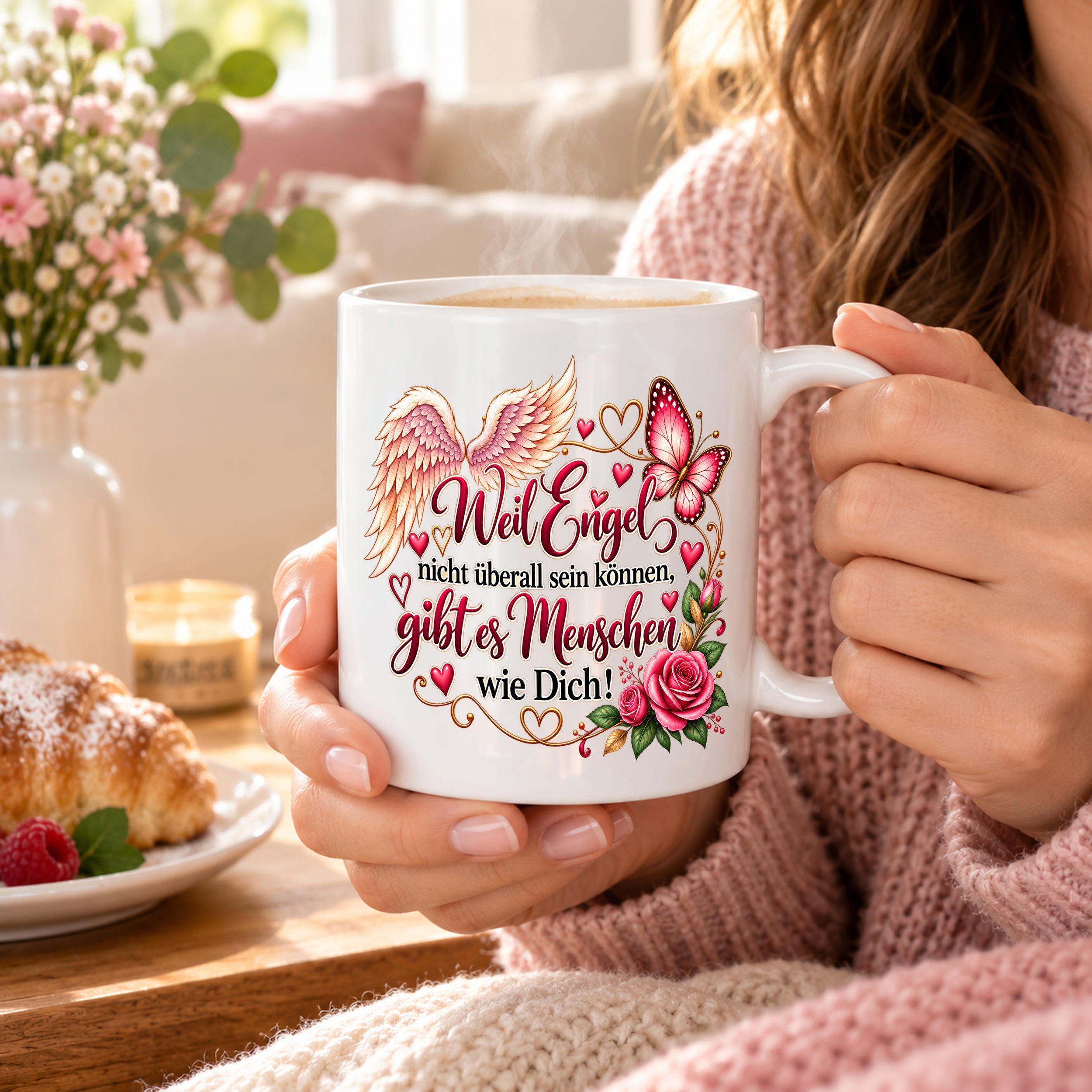 Herzbotschaft Tasse Weil Engel nicht überall sein können gibt es Menschen wie Dich – liebevolles Geschenk für besondere Menschen, Freundin, Mama, Schwester, Kollegin, Dankeschön, Geburtstag oder Weihnachten – 330 ml Keramiktasse