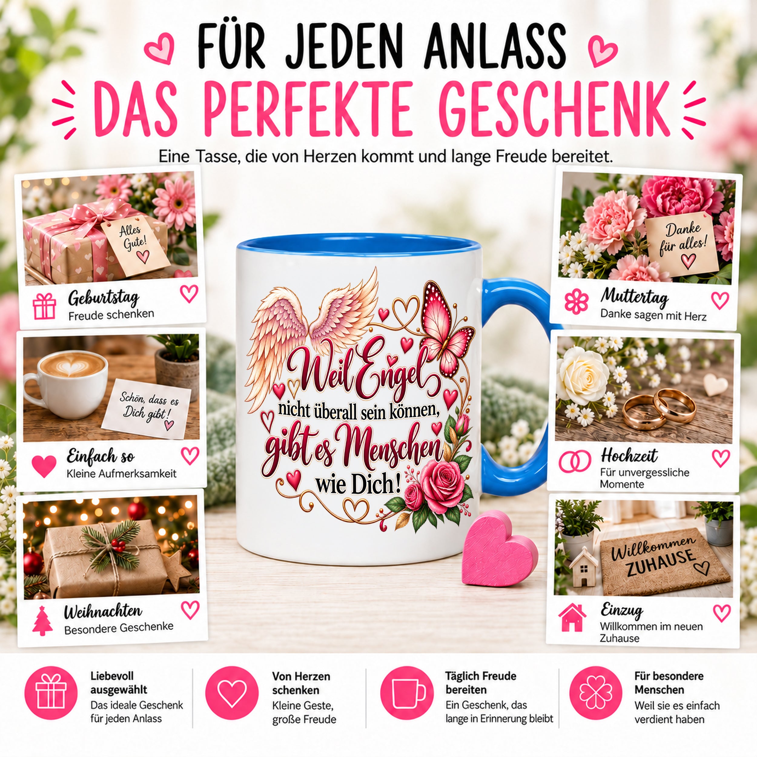 Herzbotschaft Tasse Weil Engel nicht überall sein können gibt es Menschen wie Dich – liebevolles Geschenk für besondere Menschen, Freundin, Mama, Schwester, Kollegin, Dankeschön, Geburtstag oder Weihnachten – 330 ml Keramiktasse