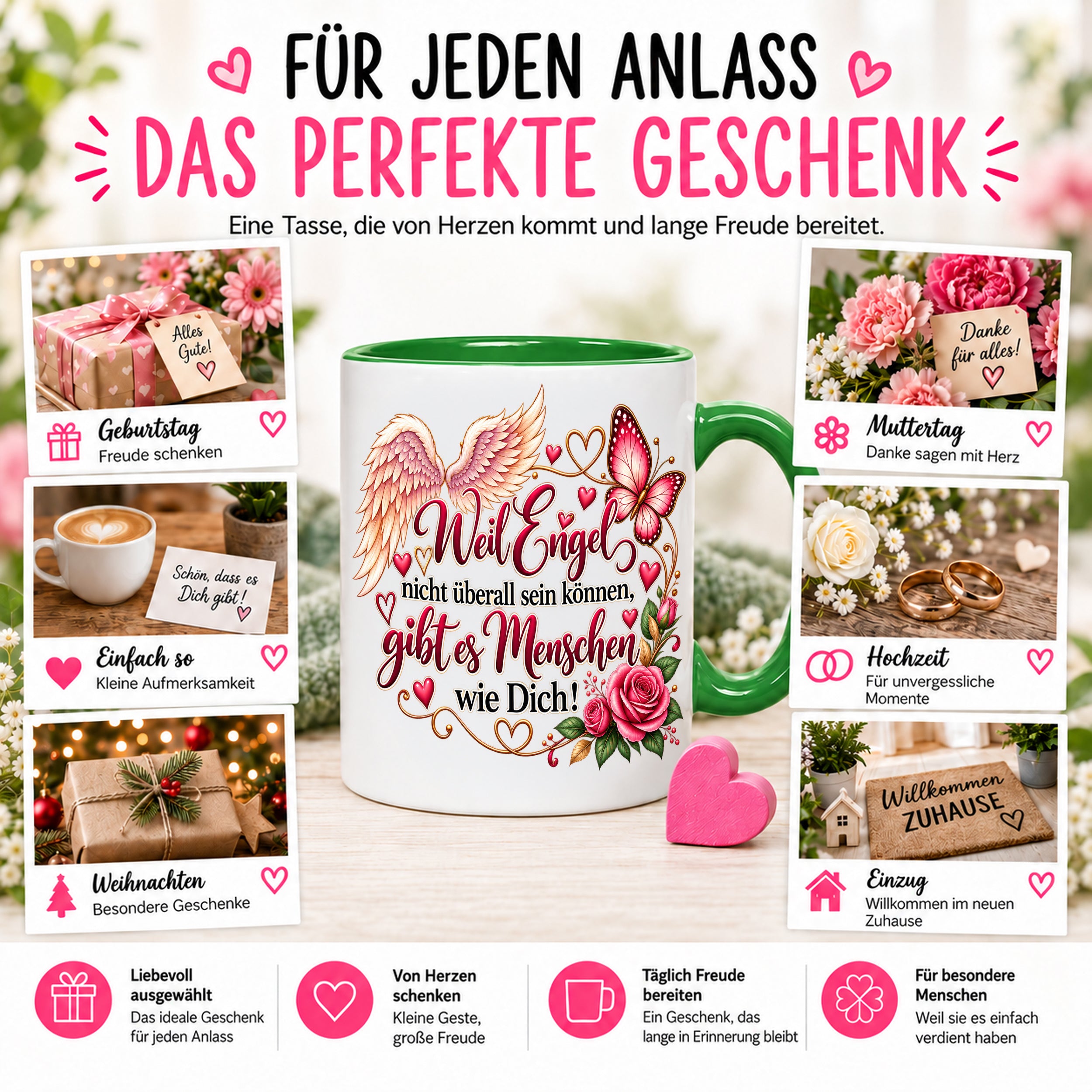 Herzbotschaft Tasse Weil Engel nicht überall sein können gibt es Menschen wie Dich – liebevolles Geschenk für besondere Menschen, Freundin, Mama, Schwester, Kollegin, Dankeschön, Geburtstag oder Weihnachten – 330 ml Keramiktasse