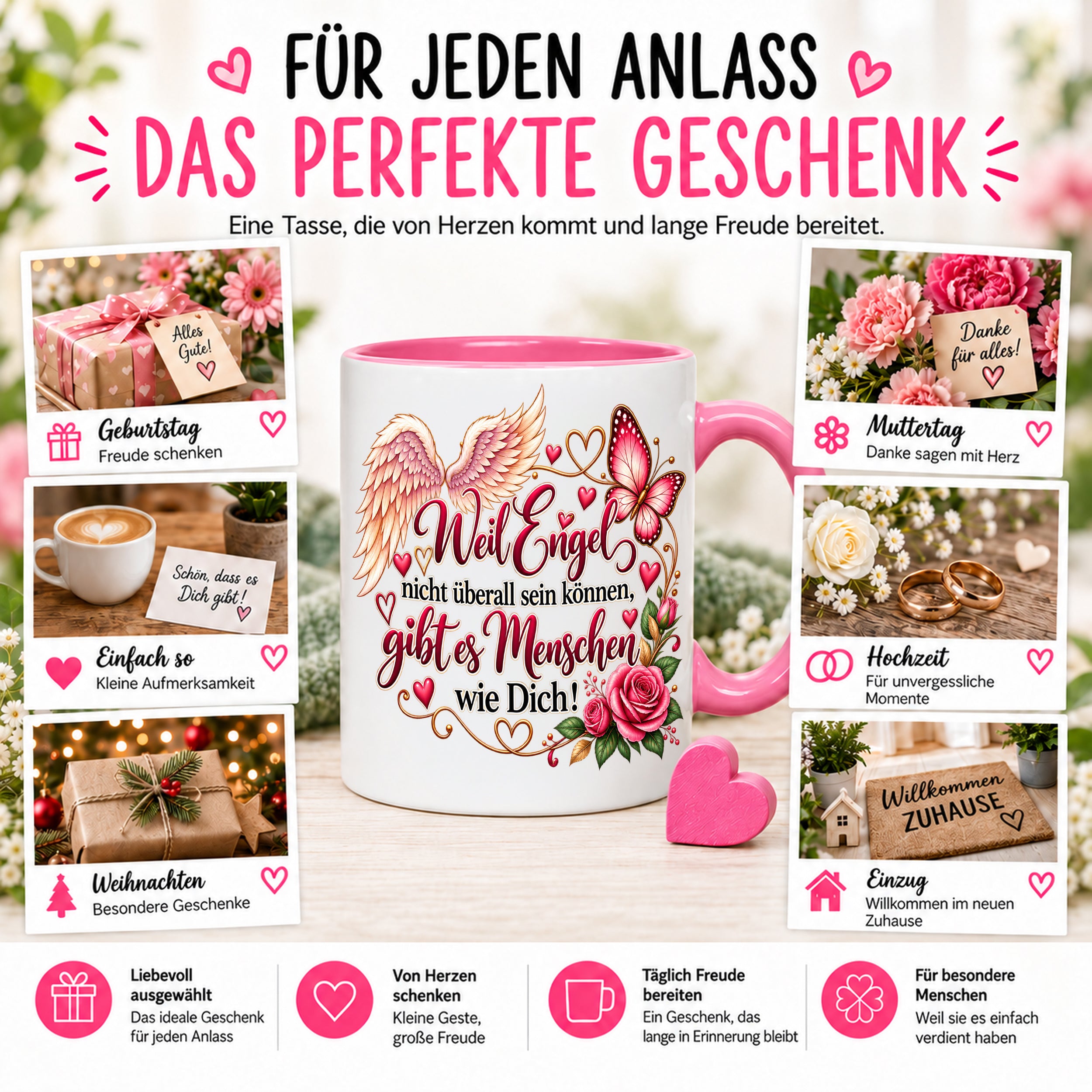Herzbotschaft Tasse Weil Engel nicht überall sein können gibt es Menschen wie Dich – liebevolles Geschenk für besondere Menschen, Freundin, Mama, Schwester, Kollegin, Dankeschön, Geburtstag oder Weihnachten – 330 ml Keramiktasse