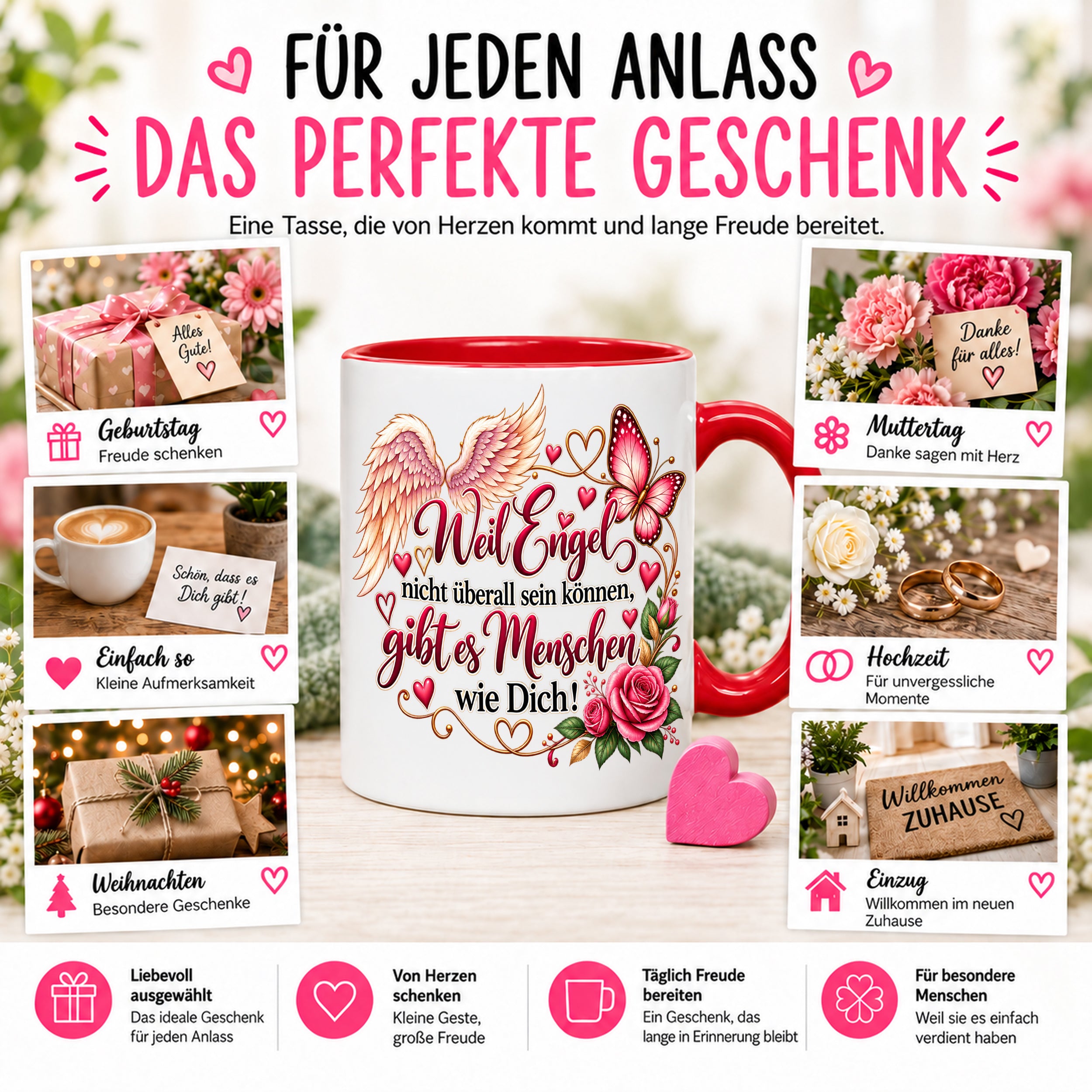 Herzbotschaft Tasse Weil Engel nicht überall sein können gibt es Menschen wie Dich – liebevolles Geschenk für besondere Menschen, Freundin, Mama, Schwester, Kollegin, Dankeschön, Geburtstag oder Weihnachten – 330 ml Keramiktasse