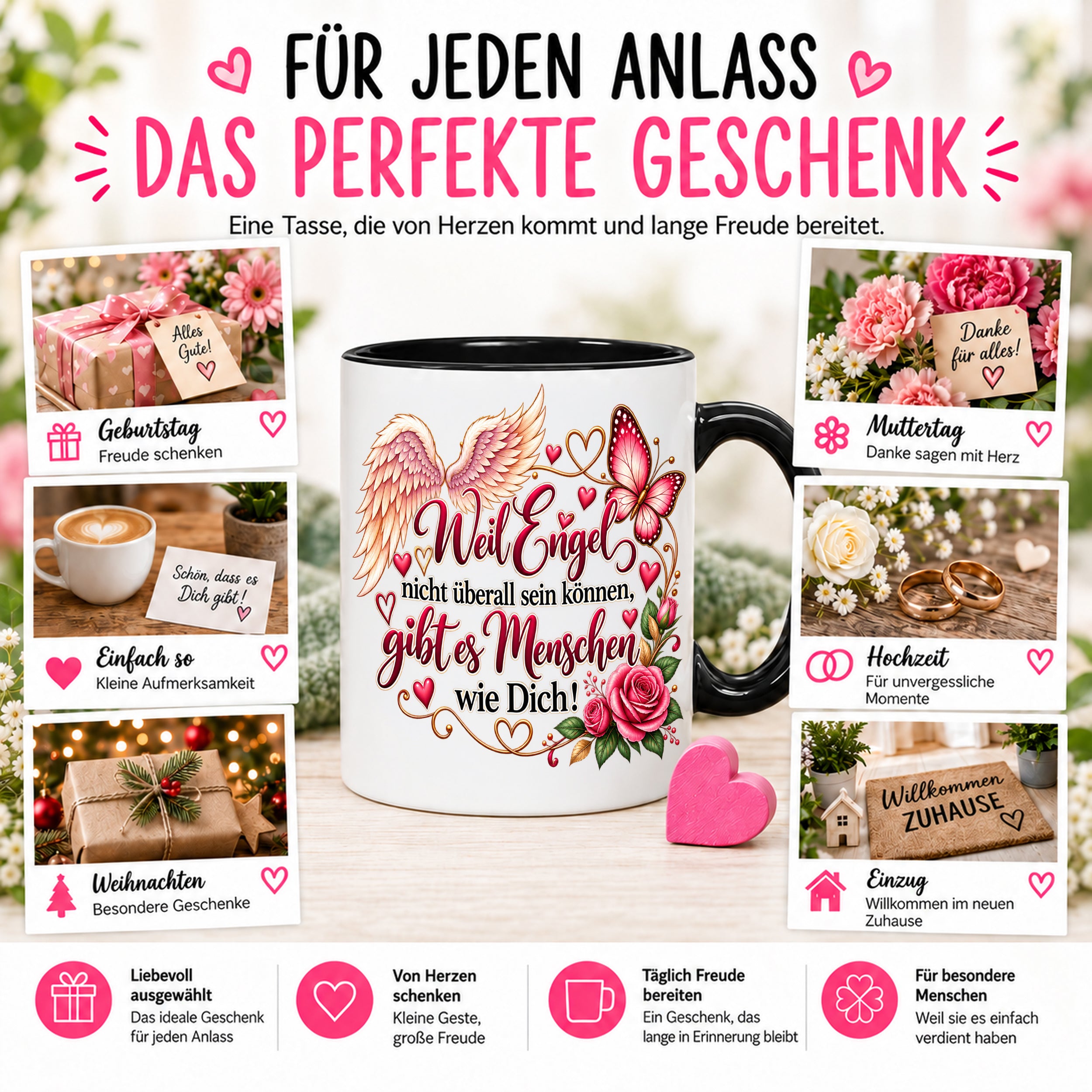 Herzbotschaft Tasse Weil Engel nicht überall sein können gibt es Menschen wie Dich – liebevolles Geschenk für besondere Menschen, Freundin, Mama, Schwester, Kollegin, Dankeschön, Geburtstag oder Weihnachten – 330 ml Keramiktasse