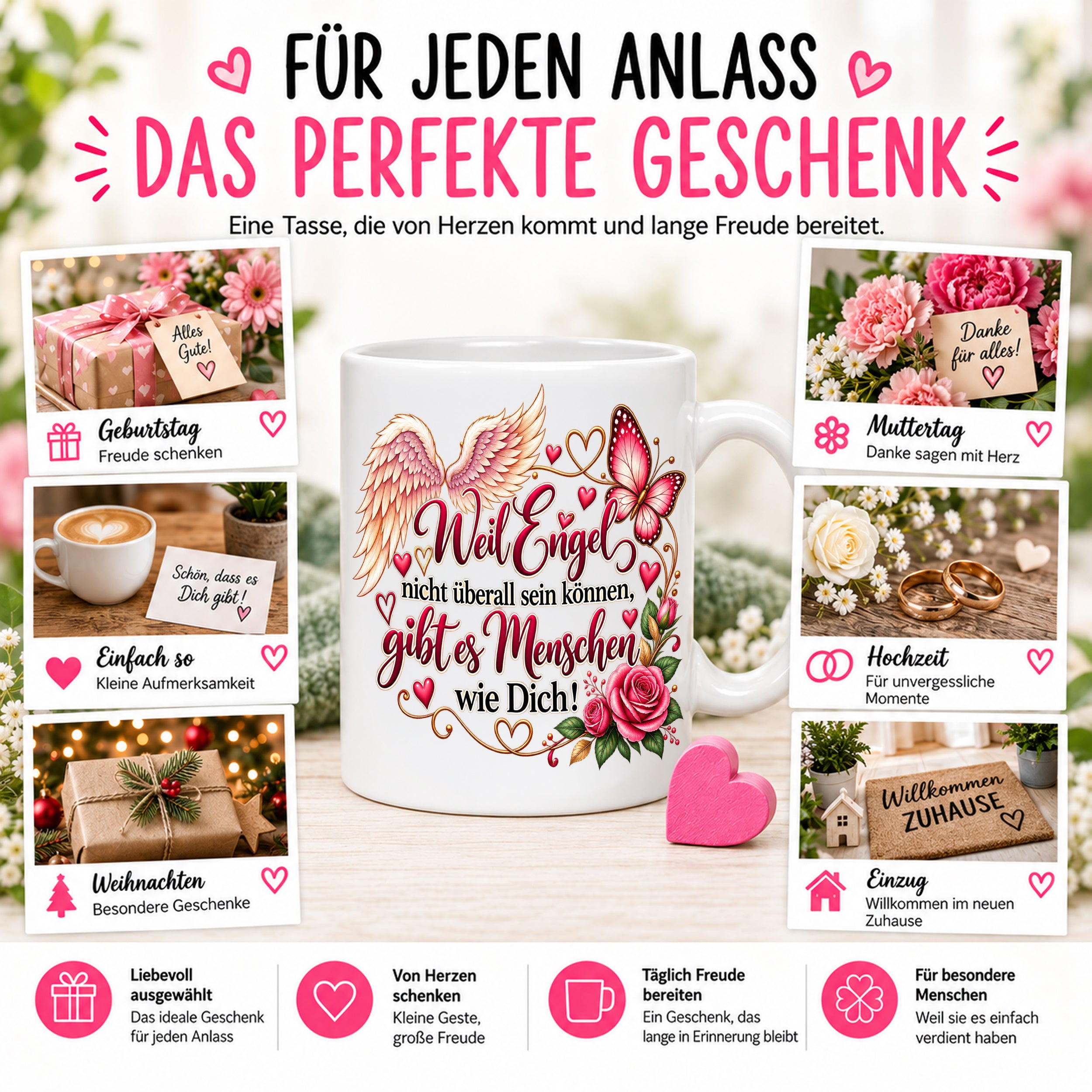 Herzbotschaft Tasse Weil Engel nicht überall sein können gibt es Menschen wie Dich – liebevolles Geschenk für besondere Menschen, Freundin, Mama, Schwester, Kollegin, Dankeschön, Geburtstag oder Weihnachten – 330 ml Keramiktasse