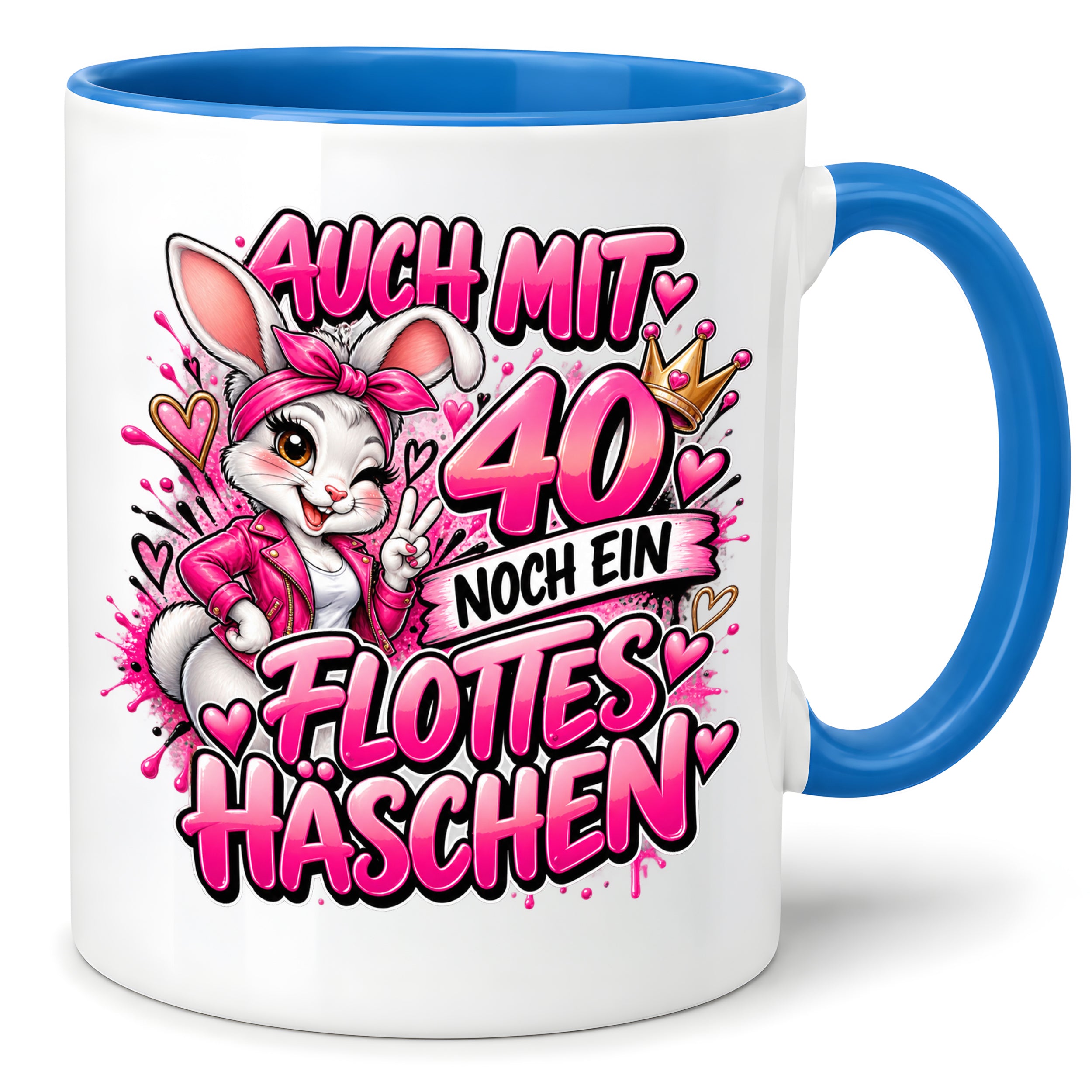 Herzbotschaft Tasse 40. Geburtstag Frau – Auch mit 40 noch ein flottes Häschen – lustiges Geburtstagsgeschenk für Frauen, Freundin, Schwester, Kollegin, Mama oder Ehefrau – witzige Hasen Tasse – 330 ml Keramiktasse