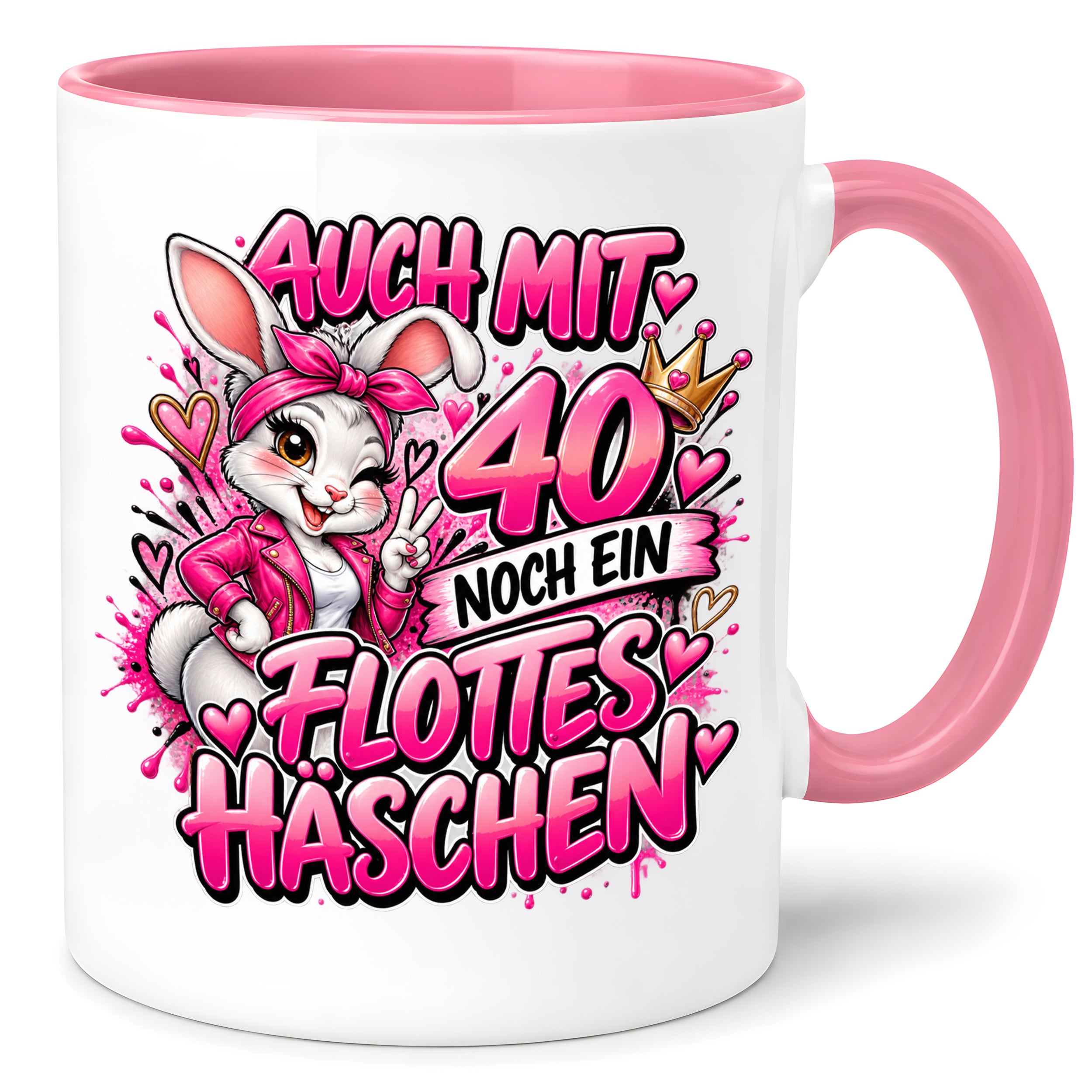 Herzbotschaft Tasse 40. Geburtstag Frau – Auch mit 40 noch ein flottes Häschen – lustiges Geburtstagsgeschenk für Frauen, Freundin, Schwester, Kollegin, Mama oder Ehefrau – witzige Hasen Tasse – 330 ml Keramiktasse
