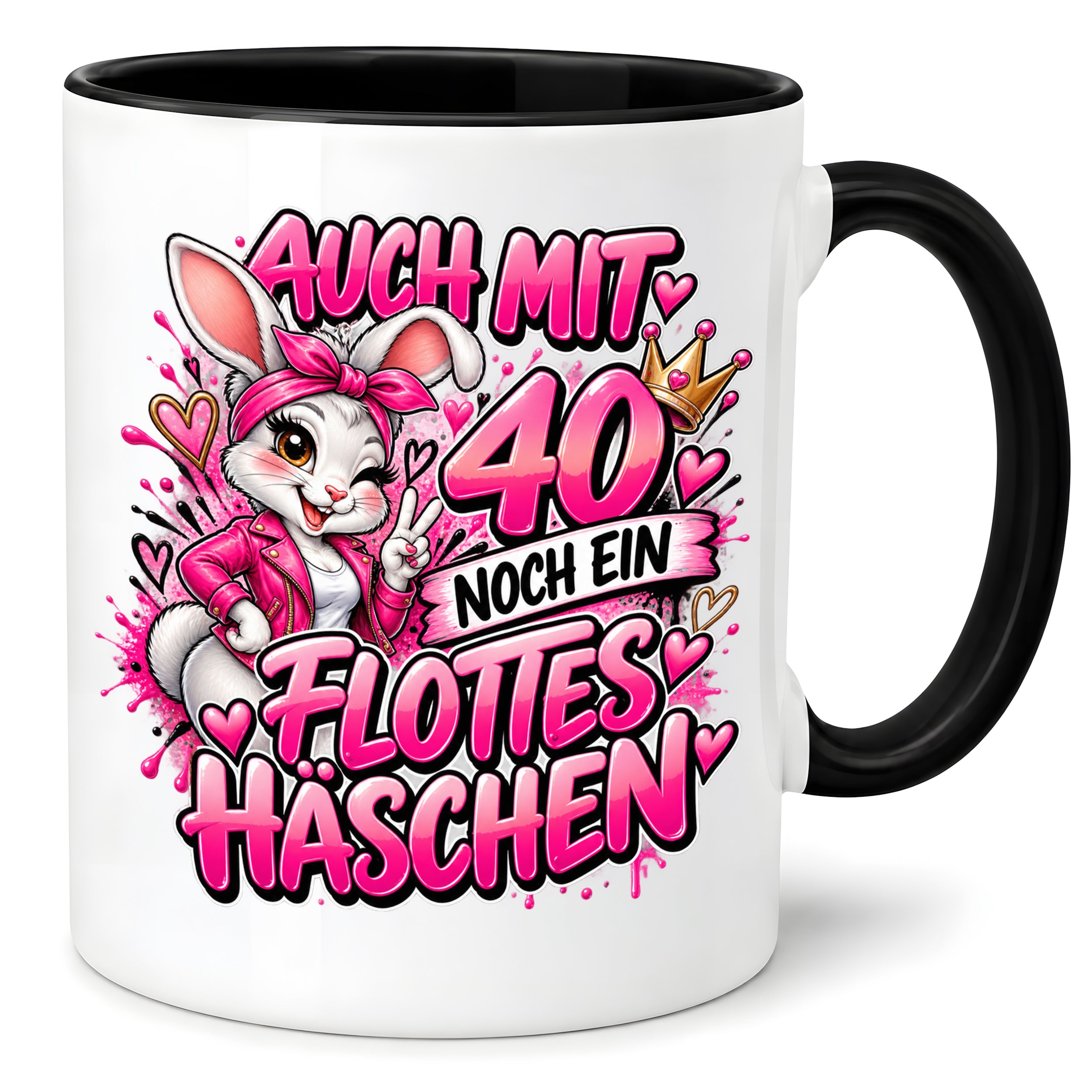 Herzbotschaft Tasse 40. Geburtstag Frau – Auch mit 40 noch ein flottes Häschen – lustiges Geburtstagsgeschenk für Frauen, Freundin, Schwester, Kollegin, Mama oder Ehefrau – witzige Hasen Tasse – 330 ml Keramiktasse