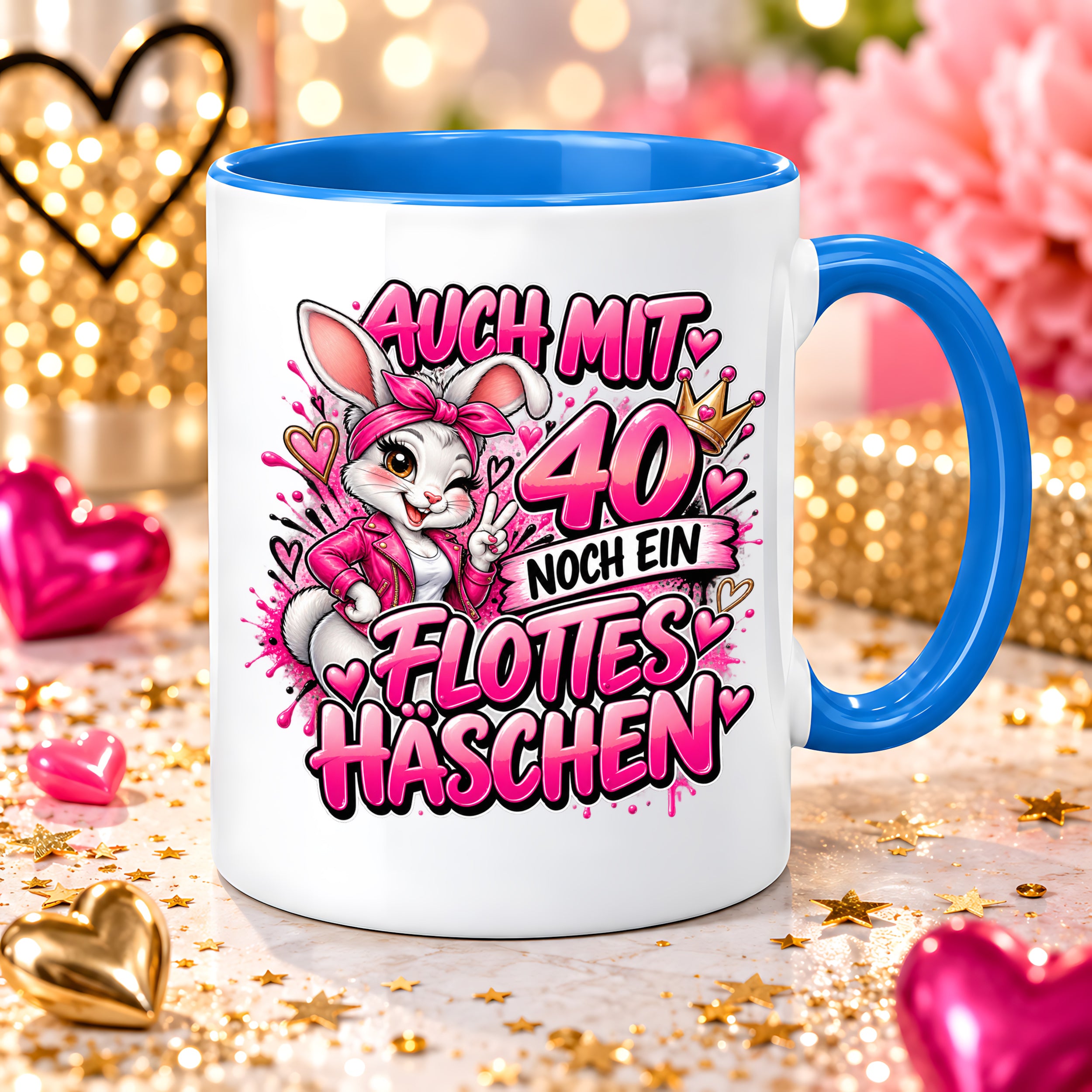 Herzbotschaft Tasse 40. Geburtstag Frau – Auch mit 40 noch ein flottes Häschen – lustiges Geburtstagsgeschenk für Frauen, Freundin, Schwester, Kollegin, Mama oder Ehefrau – witzige Hasen Tasse – 330 ml Keramiktasse