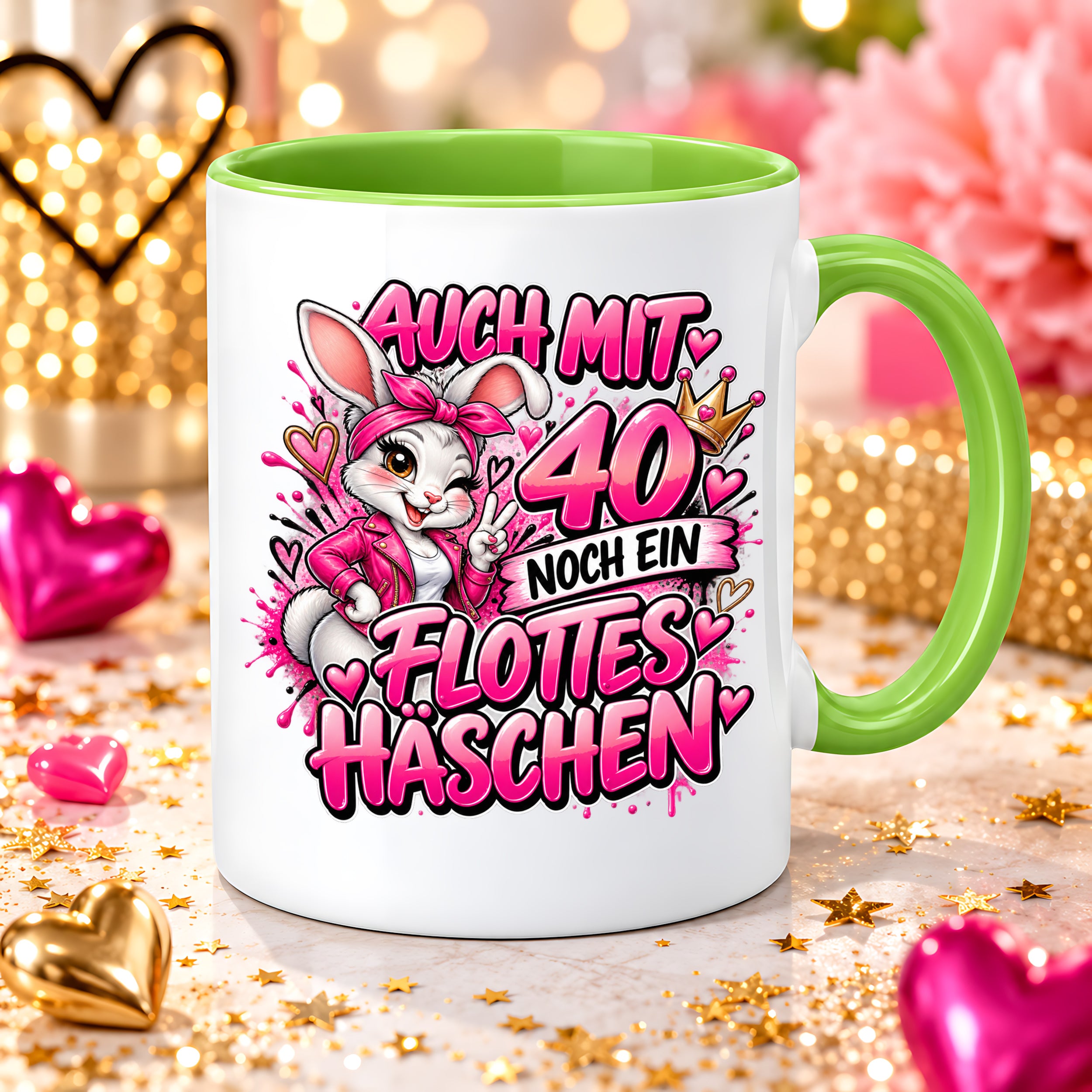 Herzbotschaft Tasse 40. Geburtstag Frau – Auch mit 40 noch ein flottes Häschen – lustiges Geburtstagsgeschenk für Frauen, Freundin, Schwester, Kollegin, Mama oder Ehefrau – witzige Hasen Tasse – 330 ml Keramiktasse