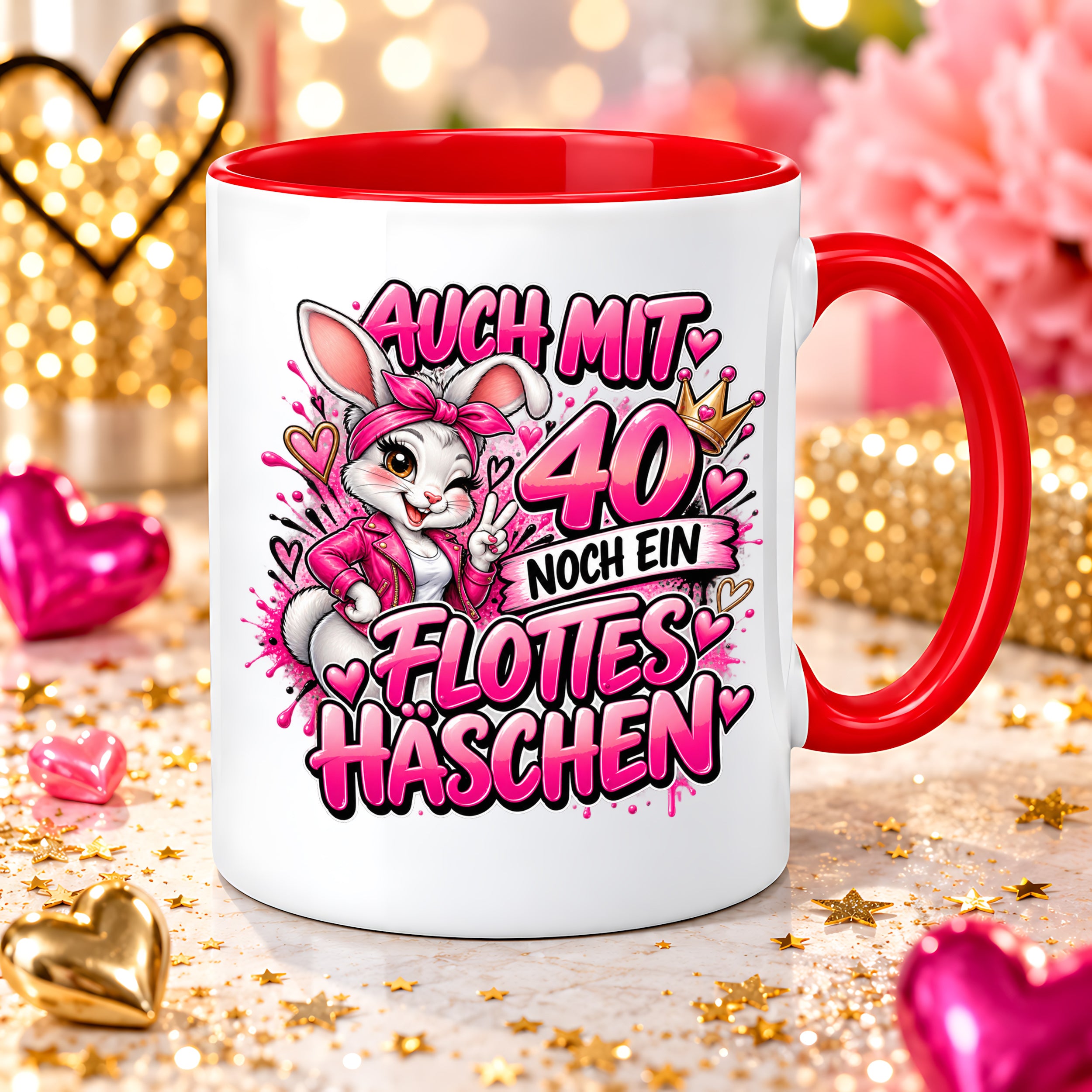 Herzbotschaft Tasse 40. Geburtstag Frau – Auch mit 40 noch ein flottes Häschen – lustiges Geburtstagsgeschenk für Frauen, Freundin, Schwester, Kollegin, Mama oder Ehefrau – witzige Hasen Tasse – 330 ml Keramiktasse