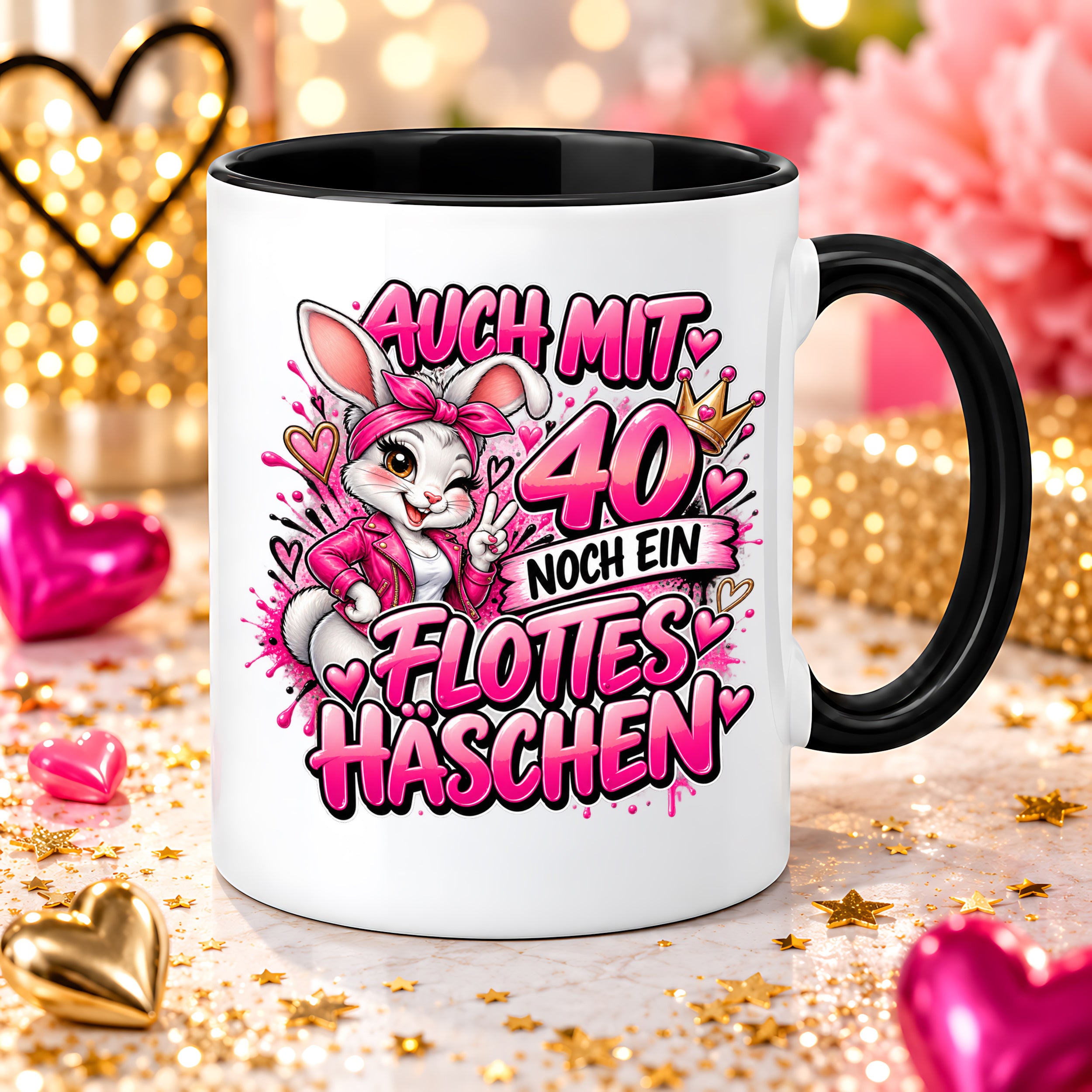 Herzbotschaft Tasse 40. Geburtstag Frau – Auch mit 40 noch ein flottes Häschen – lustiges Geburtstagsgeschenk für Frauen, Freundin, Schwester, Kollegin, Mama oder Ehefrau – witzige Hasen Tasse – 330 ml Keramiktasse