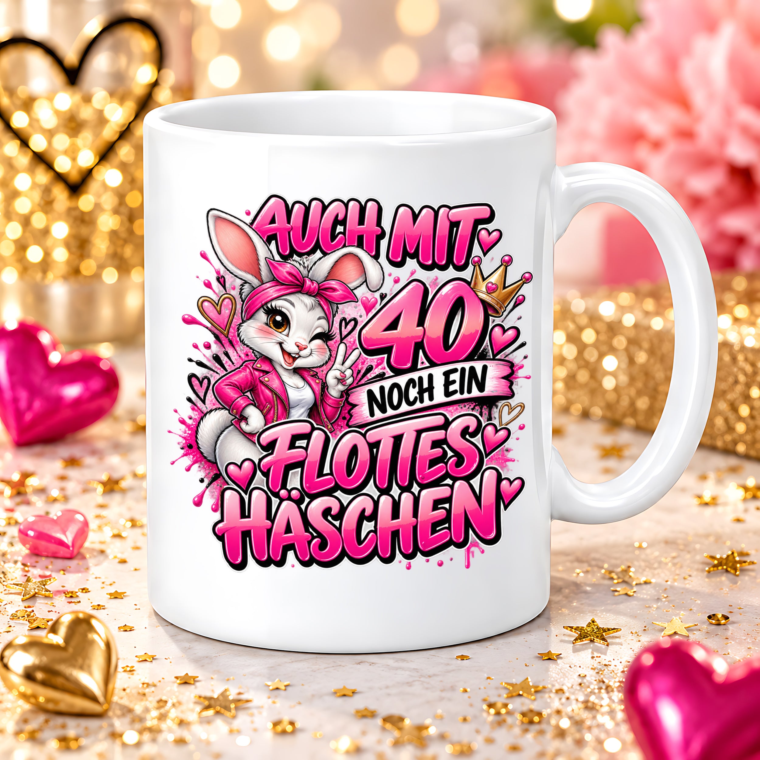 Herzbotschaft Tasse 40. Geburtstag Frau – Auch mit 40 noch ein flottes Häschen – lustiges Geburtstagsgeschenk für Frauen, Freundin, Schwester, Kollegin, Mama oder Ehefrau – witzige Hasen Tasse – 330 ml Keramiktasse