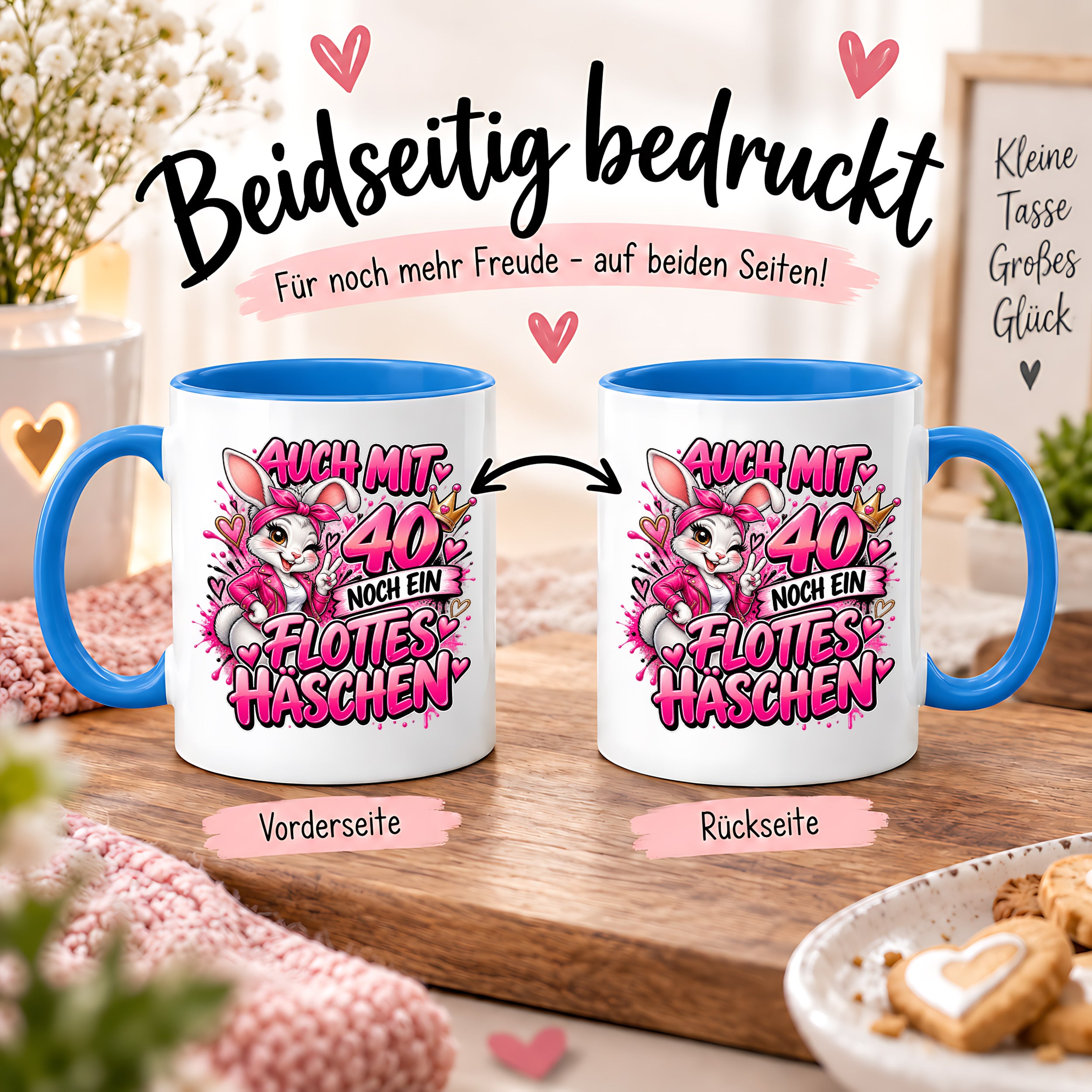 Herzbotschaft Tasse 40. Geburtstag Frau – Auch mit 40 noch ein flottes Häschen – lustiges Geburtstagsgeschenk für Frauen, Freundin, Schwester, Kollegin, Mama oder Ehefrau – witzige Hasen Tasse – 330 ml Keramiktasse