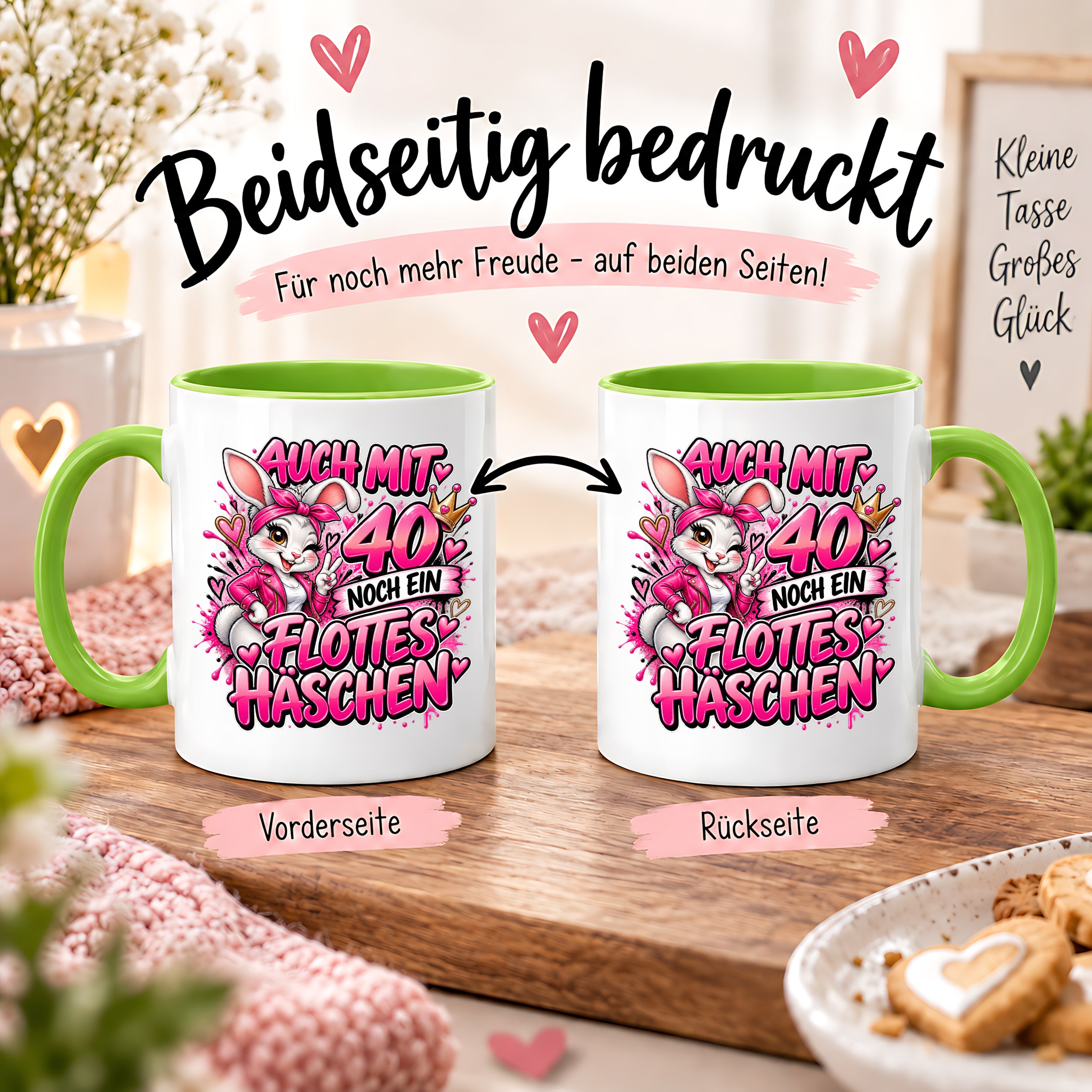 Herzbotschaft Tasse 40. Geburtstag Frau – Auch mit 40 noch ein flottes Häschen – lustiges Geburtstagsgeschenk für Frauen, Freundin, Schwester, Kollegin, Mama oder Ehefrau – witzige Hasen Tasse – 330 ml Keramiktasse