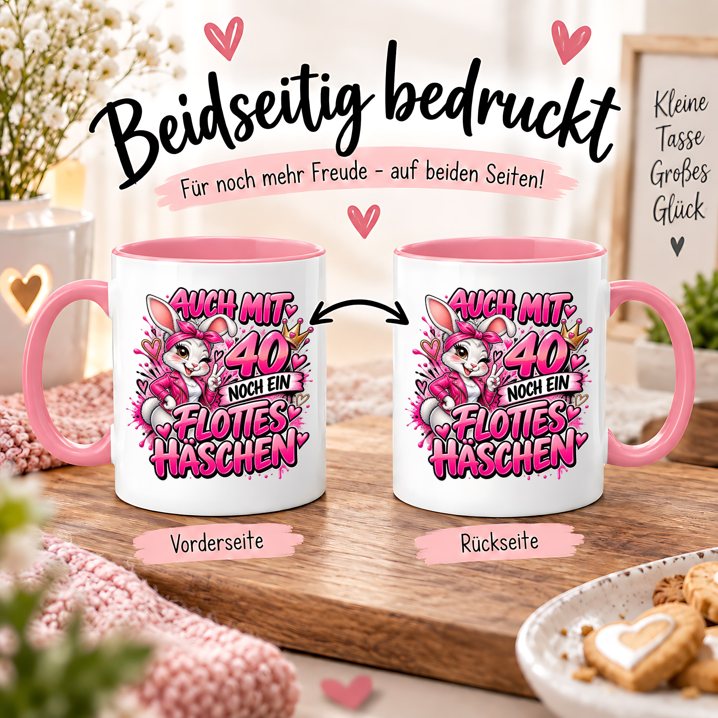 Herzbotschaft Tasse 40. Geburtstag Frau – Auch mit 40 noch ein flottes Häschen – lustiges Geburtstagsgeschenk für Frauen, Freundin, Schwester, Kollegin, Mama oder Ehefrau – witzige Hasen Tasse – 330 ml Keramiktasse
