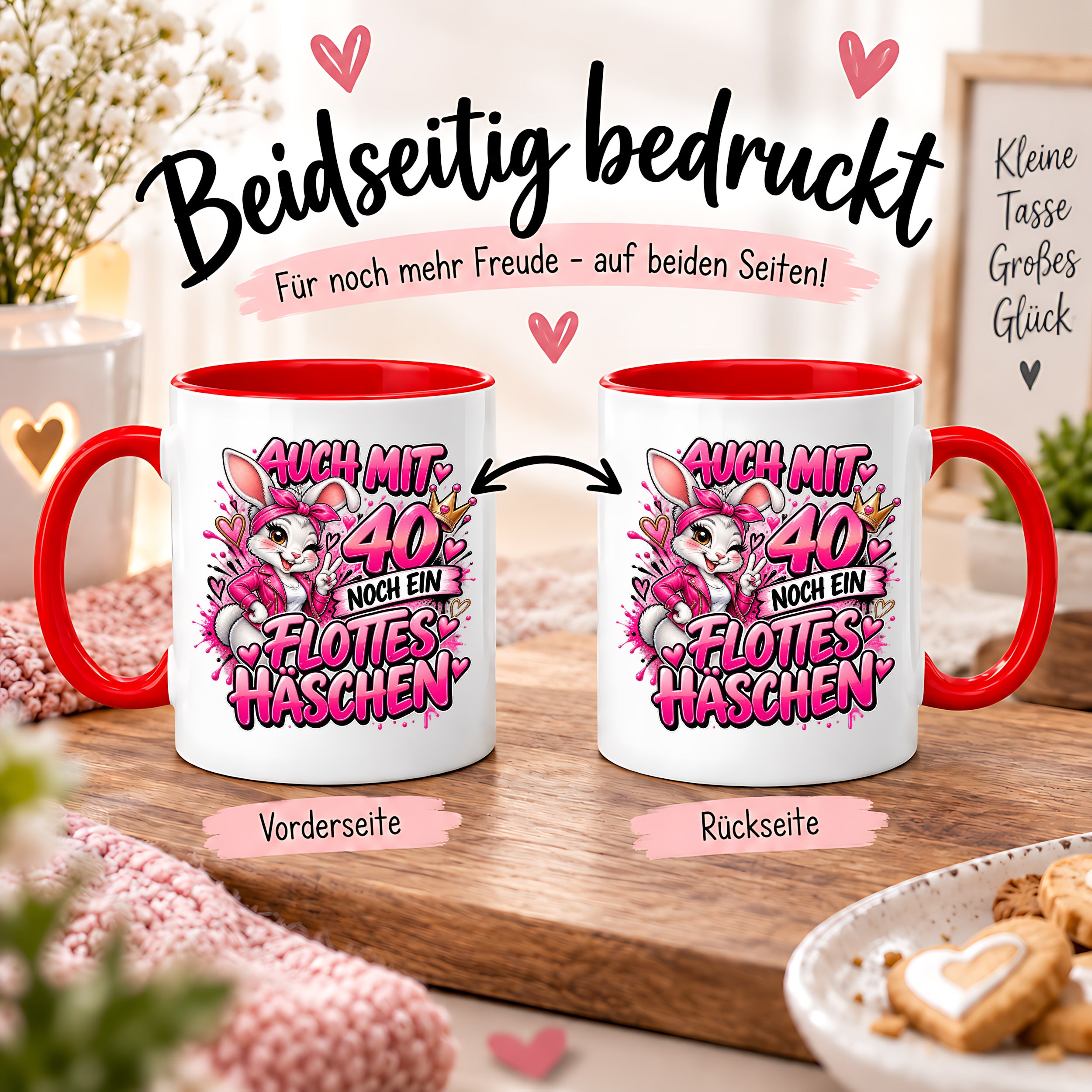 Herzbotschaft Tasse 40. Geburtstag Frau – Auch mit 40 noch ein flottes Häschen – lustiges Geburtstagsgeschenk für Frauen, Freundin, Schwester, Kollegin, Mama oder Ehefrau – witzige Hasen Tasse – 330 ml Keramiktasse