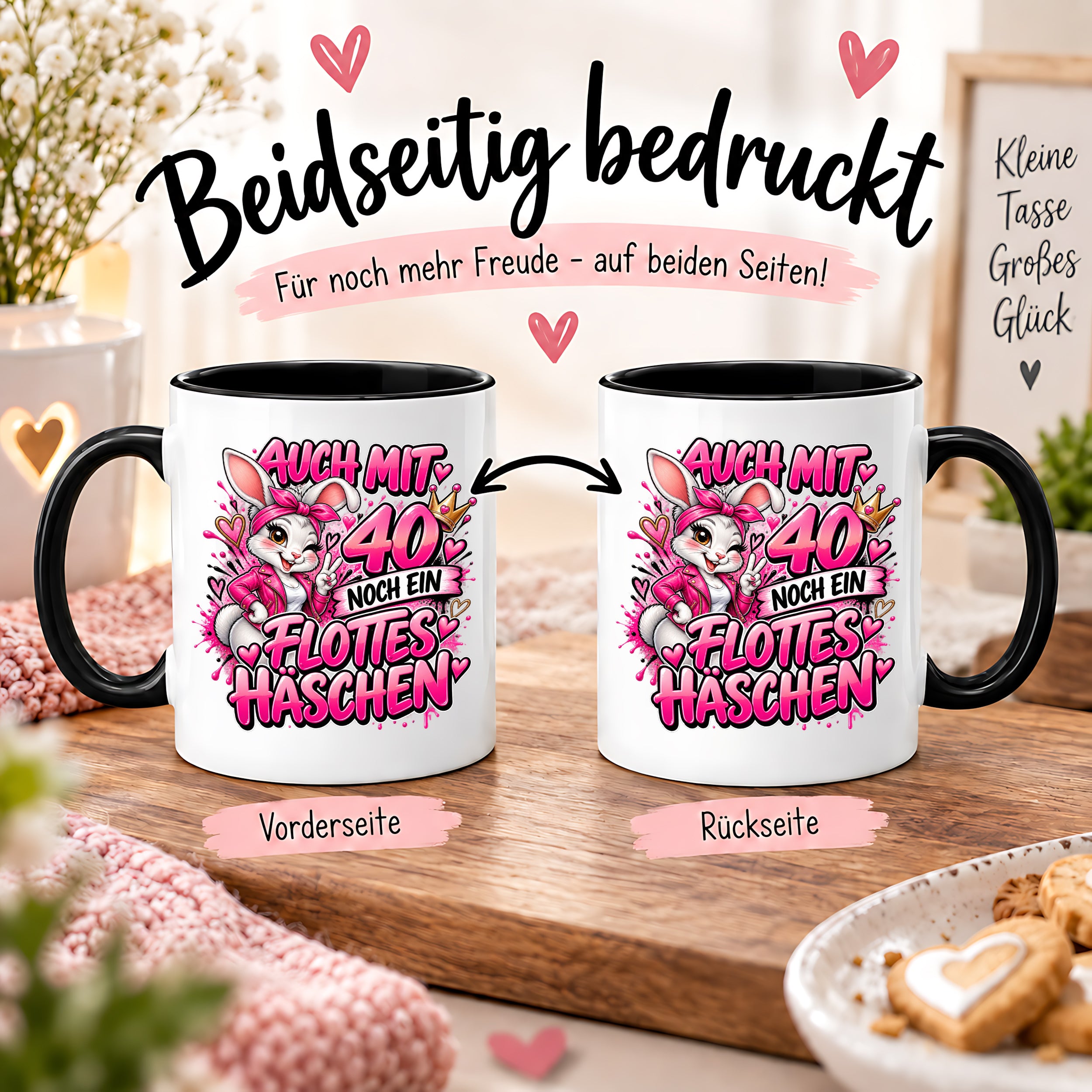 Herzbotschaft Tasse 40. Geburtstag Frau – Auch mit 40 noch ein flottes Häschen – lustiges Geburtstagsgeschenk für Frauen, Freundin, Schwester, Kollegin, Mama oder Ehefrau – witzige Hasen Tasse – 330 ml Keramiktasse