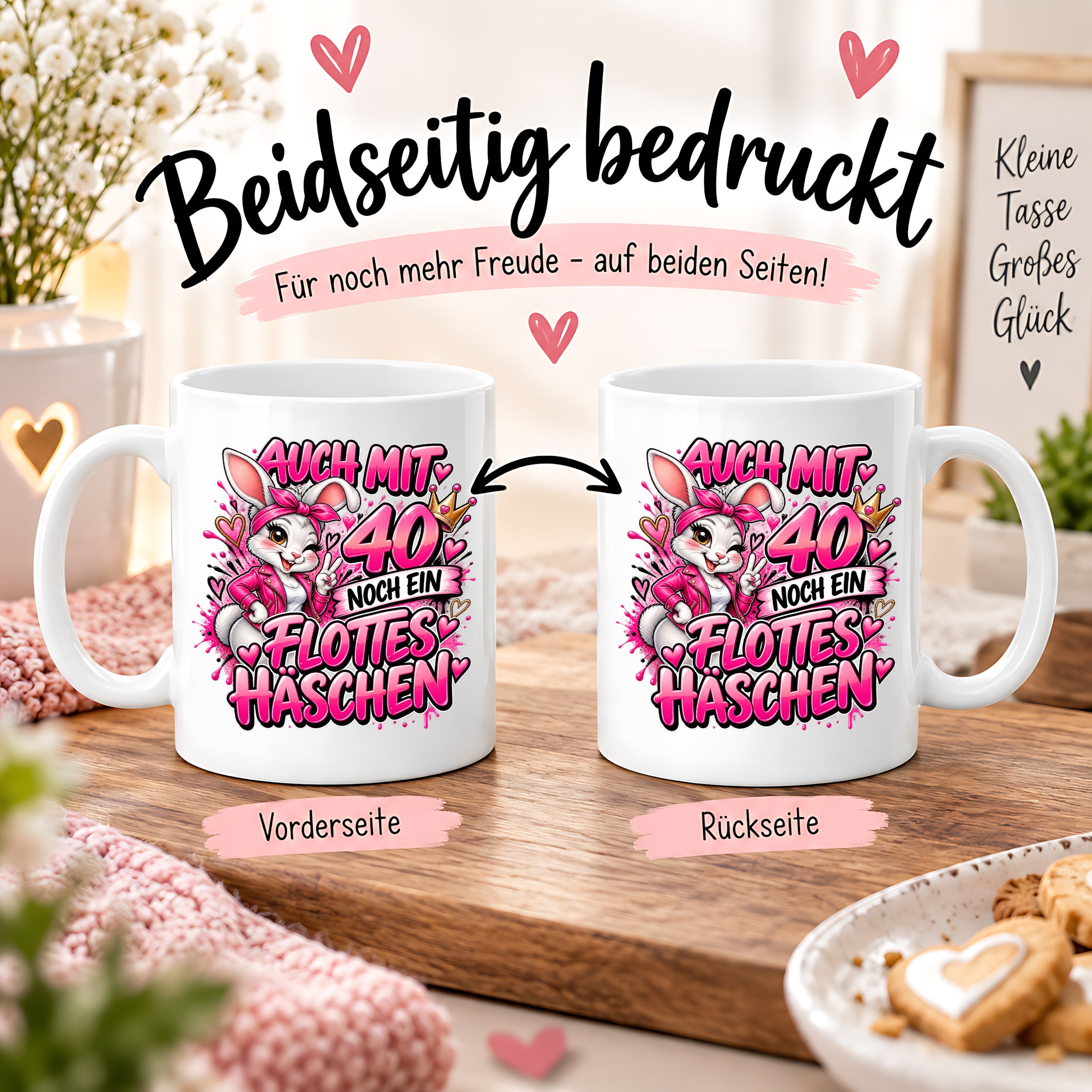 Herzbotschaft Tasse 40. Geburtstag Frau – Auch mit 40 noch ein flottes Häschen – lustiges Geburtstagsgeschenk für Frauen, Freundin, Schwester, Kollegin, Mama oder Ehefrau – witzige Hasen Tasse – 330 ml Keramiktasse