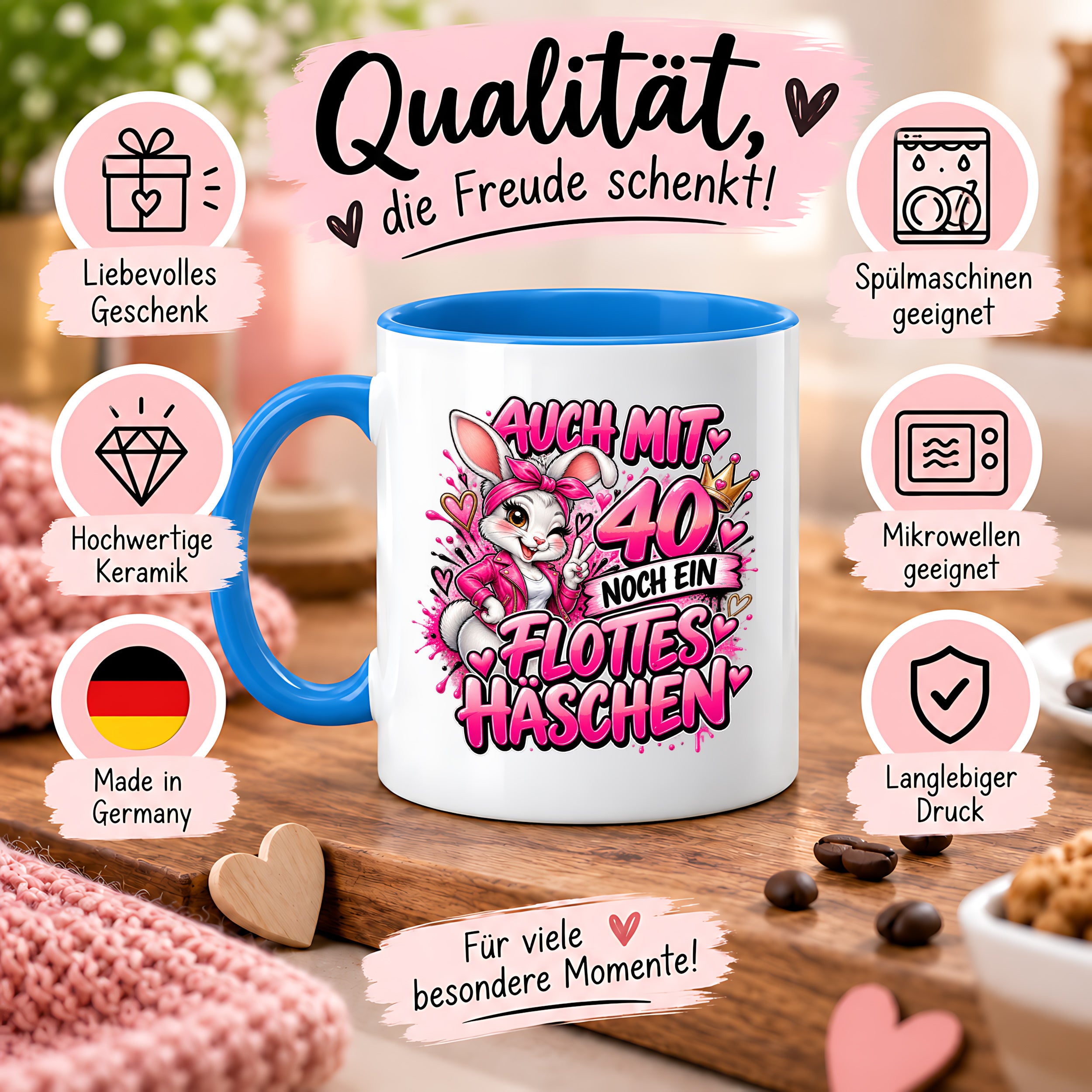 Herzbotschaft Tasse 40. Geburtstag Frau – Auch mit 40 noch ein flottes Häschen – lustiges Geburtstagsgeschenk für Frauen, Freundin, Schwester, Kollegin, Mama oder Ehefrau – witzige Hasen Tasse – 330 ml Keramiktasse