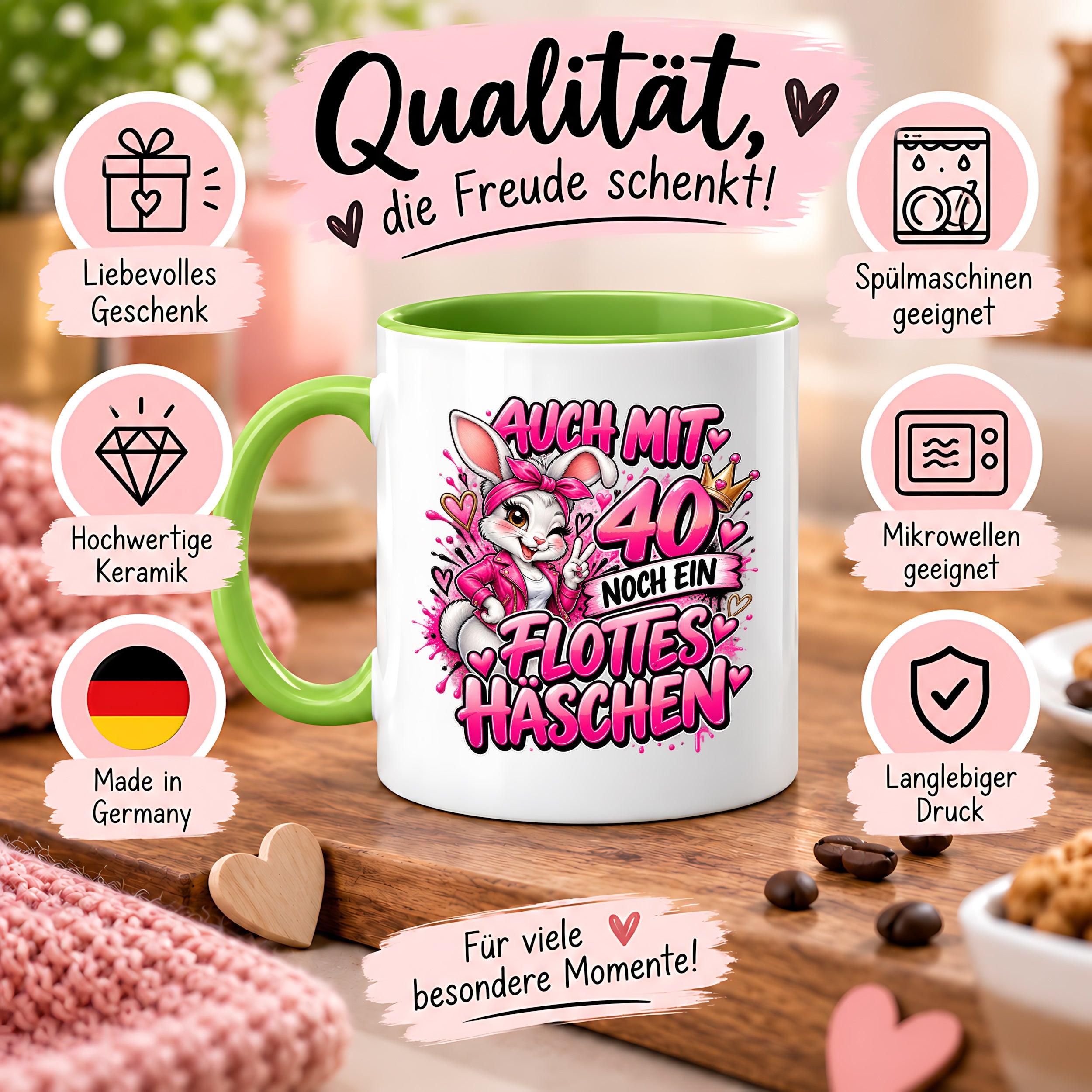 Herzbotschaft Tasse 40. Geburtstag Frau – Auch mit 40 noch ein flottes Häschen – lustiges Geburtstagsgeschenk für Frauen, Freundin, Schwester, Kollegin, Mama oder Ehefrau – witzige Hasen Tasse – 330 ml Keramiktasse