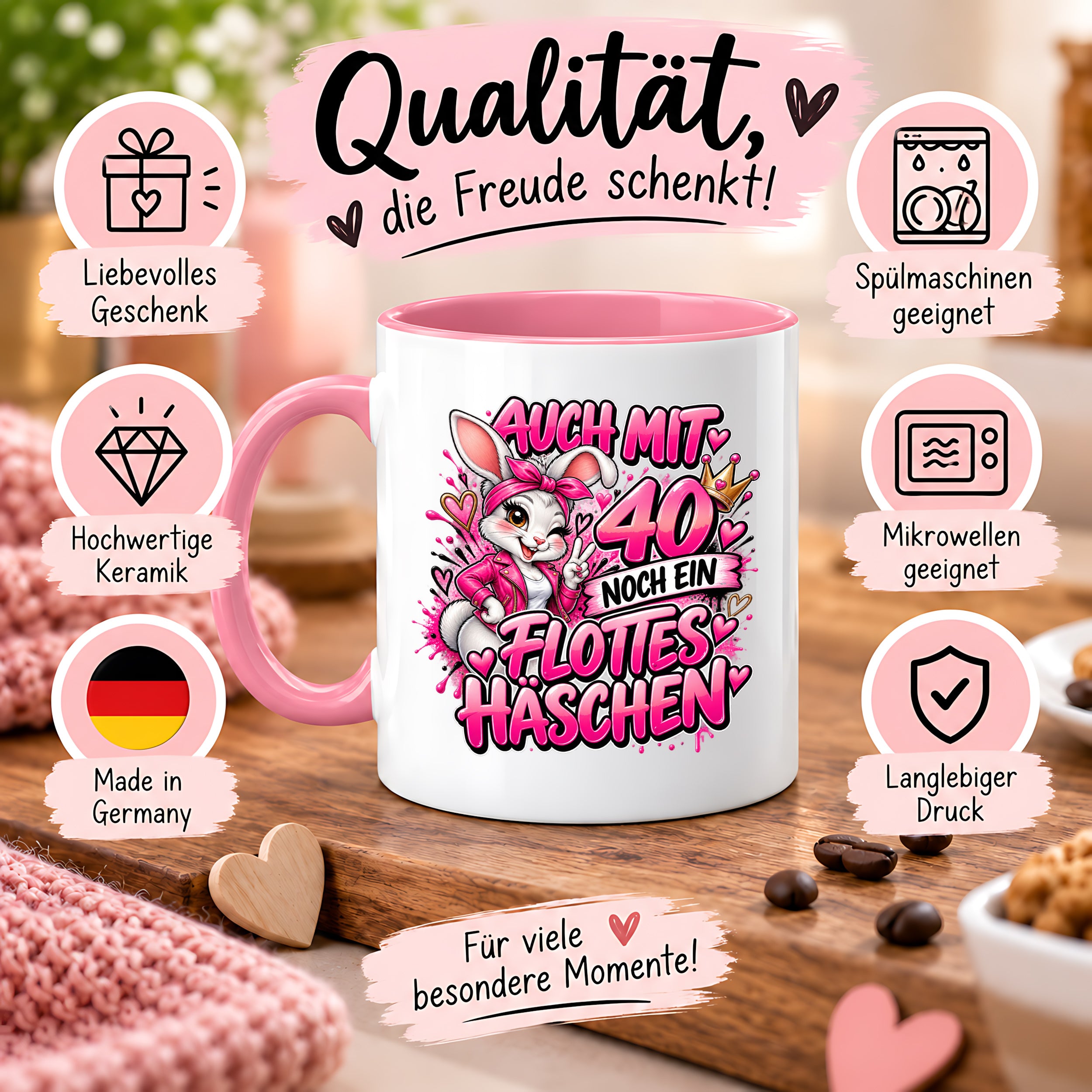 Herzbotschaft Tasse 40. Geburtstag Frau – Auch mit 40 noch ein flottes Häschen – lustiges Geburtstagsgeschenk für Frauen, Freundin, Schwester, Kollegin, Mama oder Ehefrau – witzige Hasen Tasse – 330 ml Keramiktasse