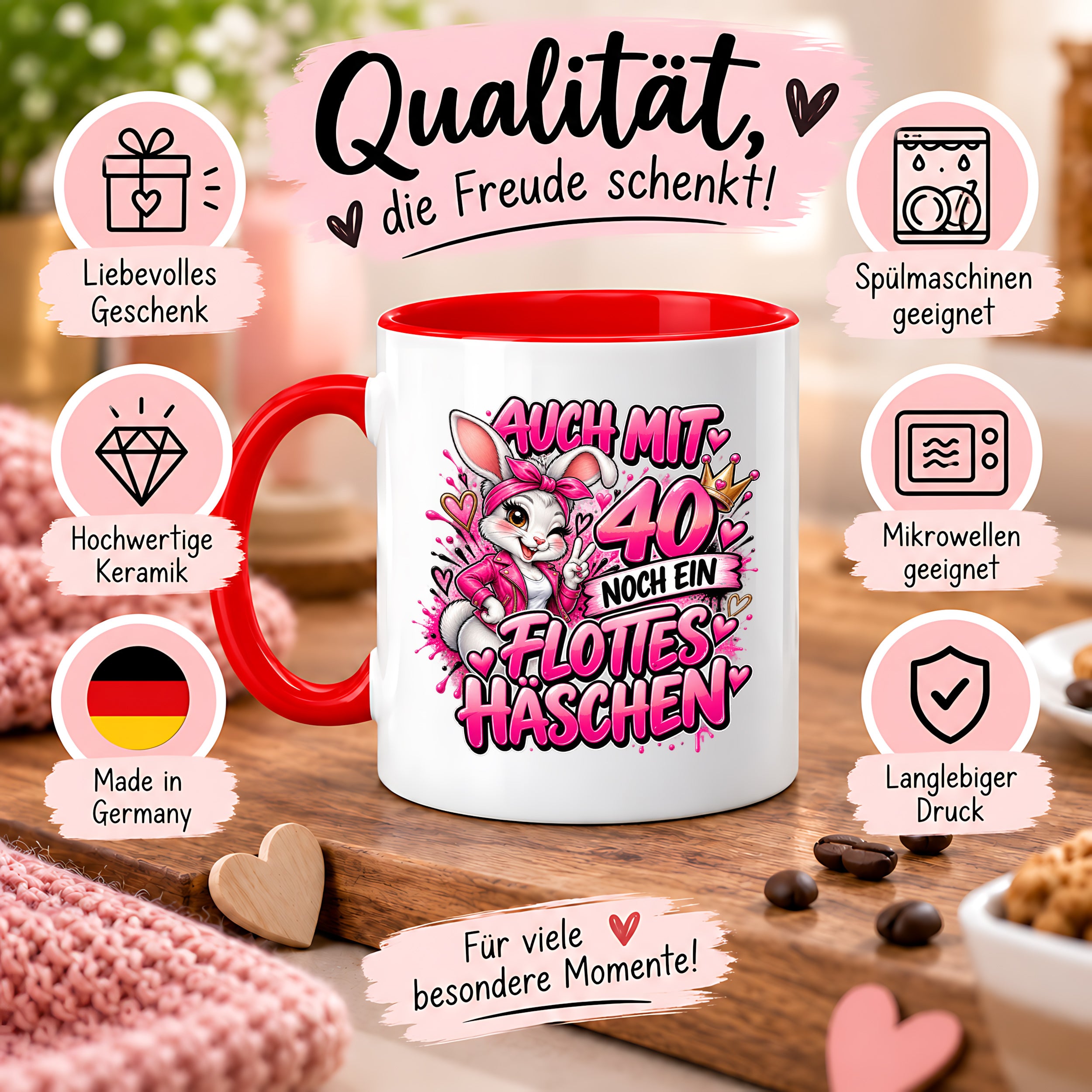 Herzbotschaft Tasse 40. Geburtstag Frau – Auch mit 40 noch ein flottes Häschen – lustiges Geburtstagsgeschenk für Frauen, Freundin, Schwester, Kollegin, Mama oder Ehefrau – witzige Hasen Tasse – 330 ml Keramiktasse