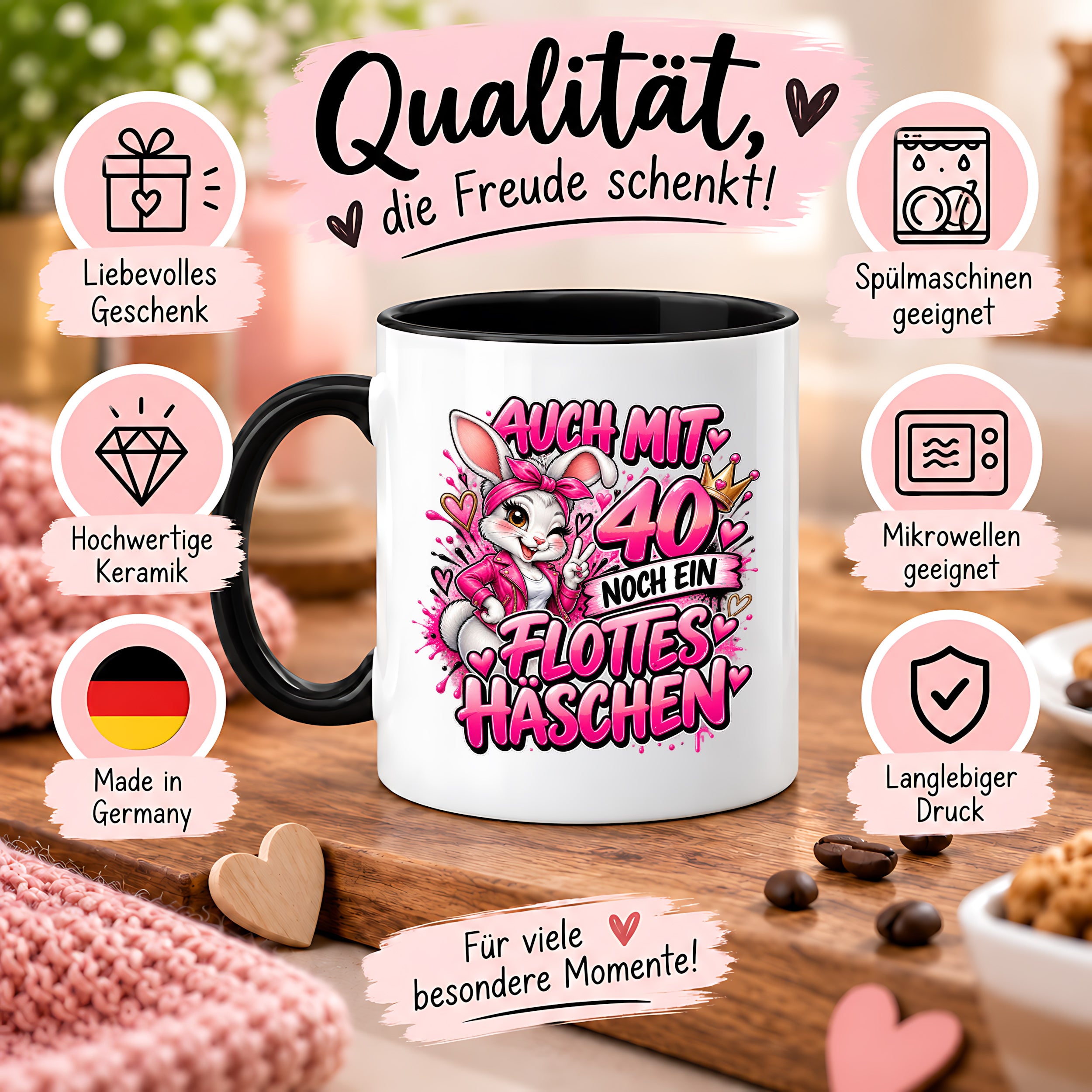 Herzbotschaft Tasse 40. Geburtstag Frau – Auch mit 40 noch ein flottes Häschen – lustiges Geburtstagsgeschenk für Frauen, Freundin, Schwester, Kollegin, Mama oder Ehefrau – witzige Hasen Tasse – 330 ml Keramiktasse