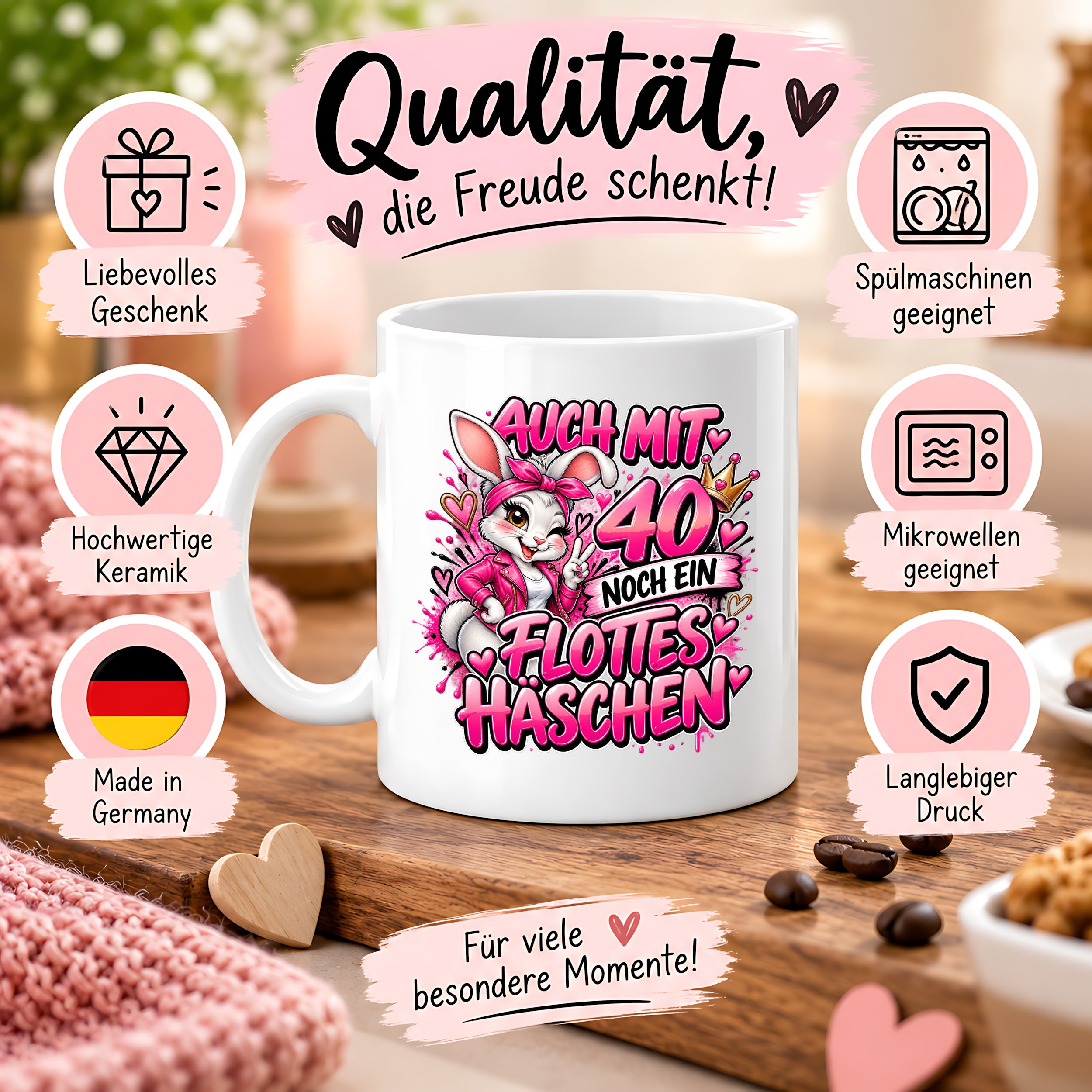 Herzbotschaft Tasse 40. Geburtstag Frau – Auch mit 40 noch ein flottes Häschen – lustiges Geburtstagsgeschenk für Frauen, Freundin, Schwester, Kollegin, Mama oder Ehefrau – witzige Hasen Tasse – 330 ml Keramiktasse
