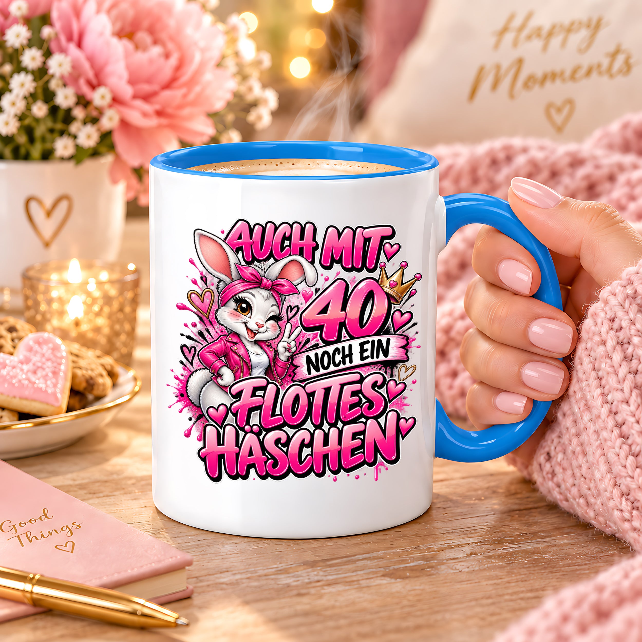 Herzbotschaft Tasse 40. Geburtstag Frau – Auch mit 40 noch ein flottes Häschen – lustiges Geburtstagsgeschenk für Frauen, Freundin, Schwester, Kollegin, Mama oder Ehefrau – witzige Hasen Tasse – 330 ml Keramiktasse