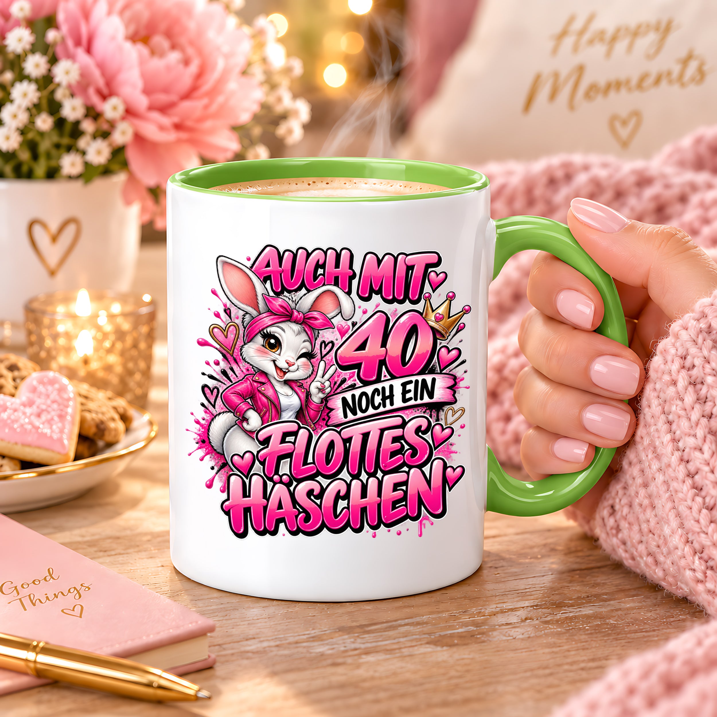 Herzbotschaft Tasse 40. Geburtstag Frau – Auch mit 40 noch ein flottes Häschen – lustiges Geburtstagsgeschenk für Frauen, Freundin, Schwester, Kollegin, Mama oder Ehefrau – witzige Hasen Tasse – 330 ml Keramiktasse
