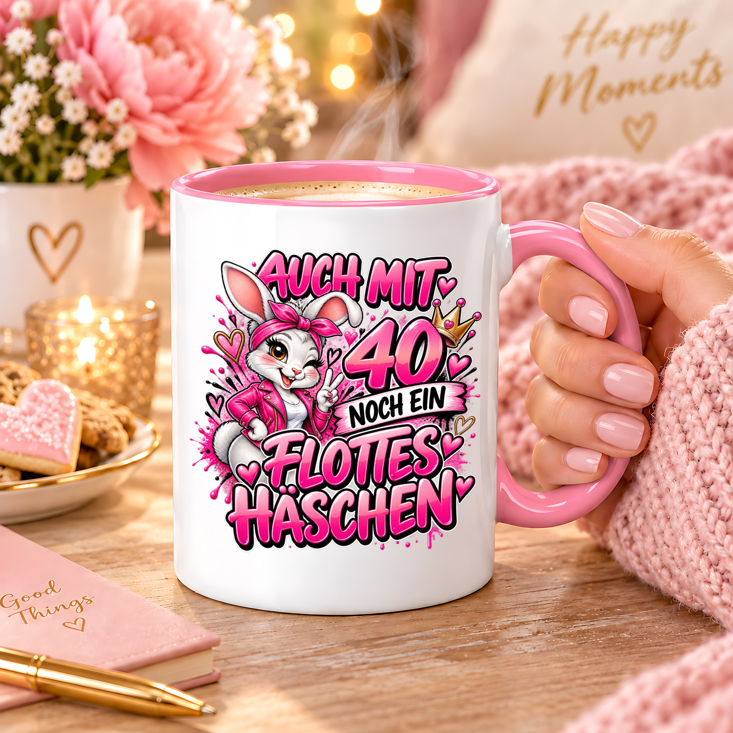 Herzbotschaft Tasse 40. Geburtstag Frau – Auch mit 40 noch ein flottes Häschen – lustiges Geburtstagsgeschenk für Frauen, Freundin, Schwester, Kollegin, Mama oder Ehefrau – witzige Hasen Tasse – 330 ml Keramiktasse