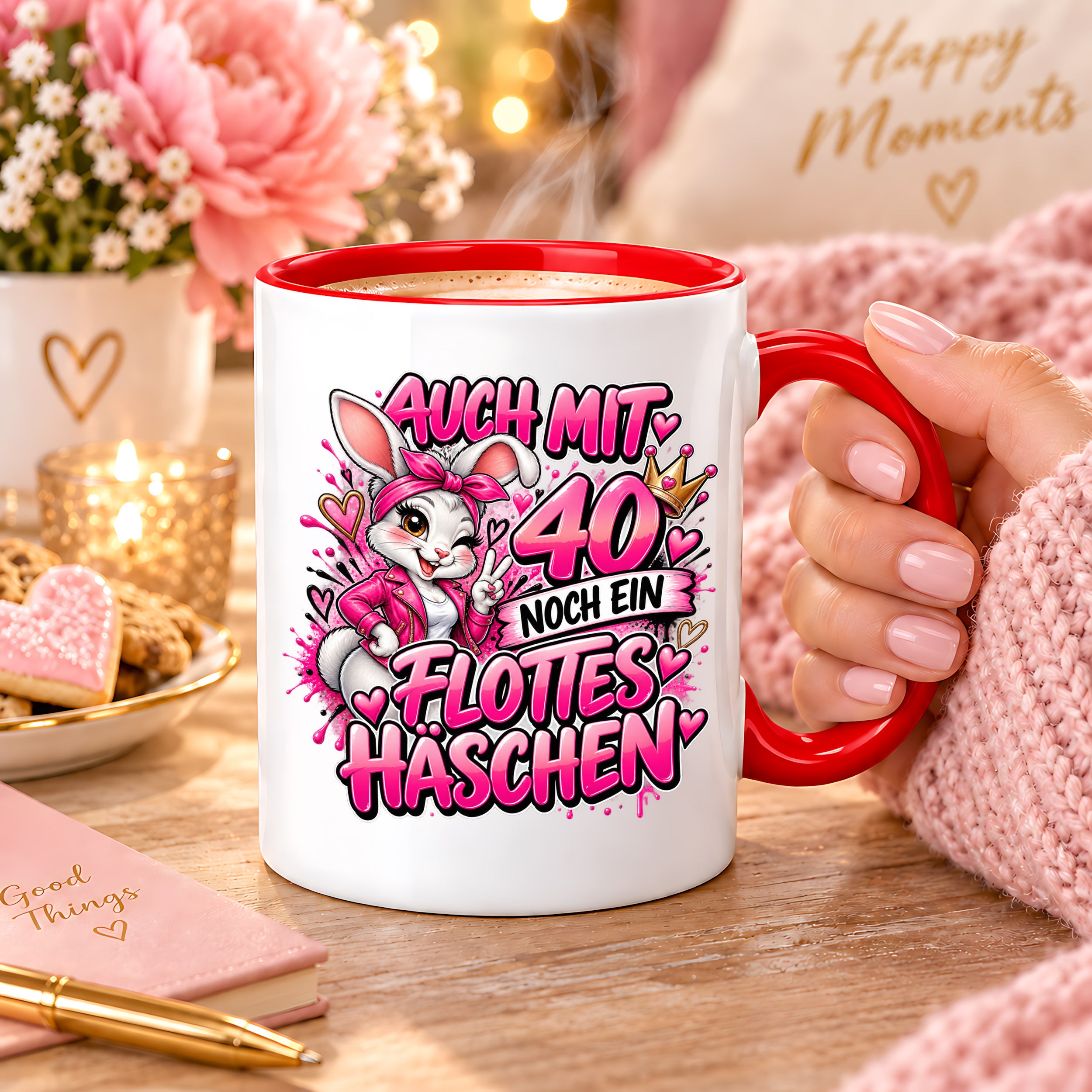 Herzbotschaft Tasse 40. Geburtstag Frau – Auch mit 40 noch ein flottes Häschen – lustiges Geburtstagsgeschenk für Frauen, Freundin, Schwester, Kollegin, Mama oder Ehefrau – witzige Hasen Tasse – 330 ml Keramiktasse