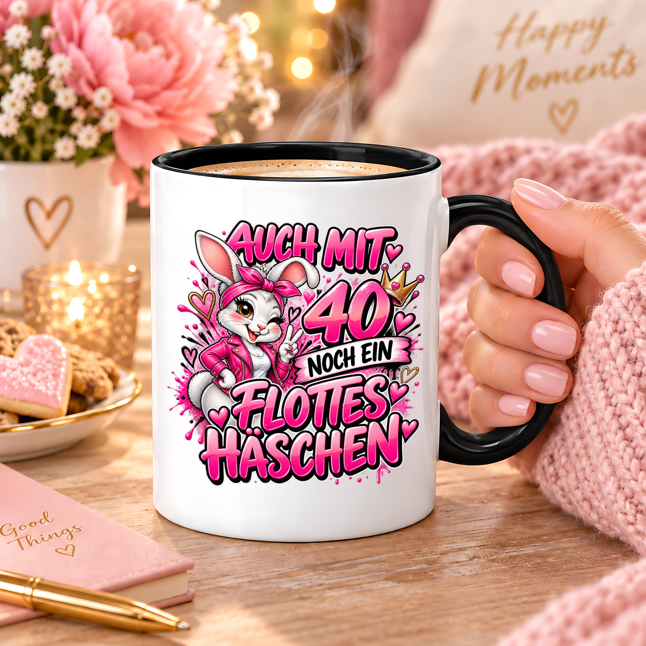 Herzbotschaft Tasse 40. Geburtstag Frau – Auch mit 40 noch ein flottes Häschen – lustiges Geburtstagsgeschenk für Frauen, Freundin, Schwester, Kollegin, Mama oder Ehefrau – witzige Hasen Tasse – 330 ml Keramiktasse