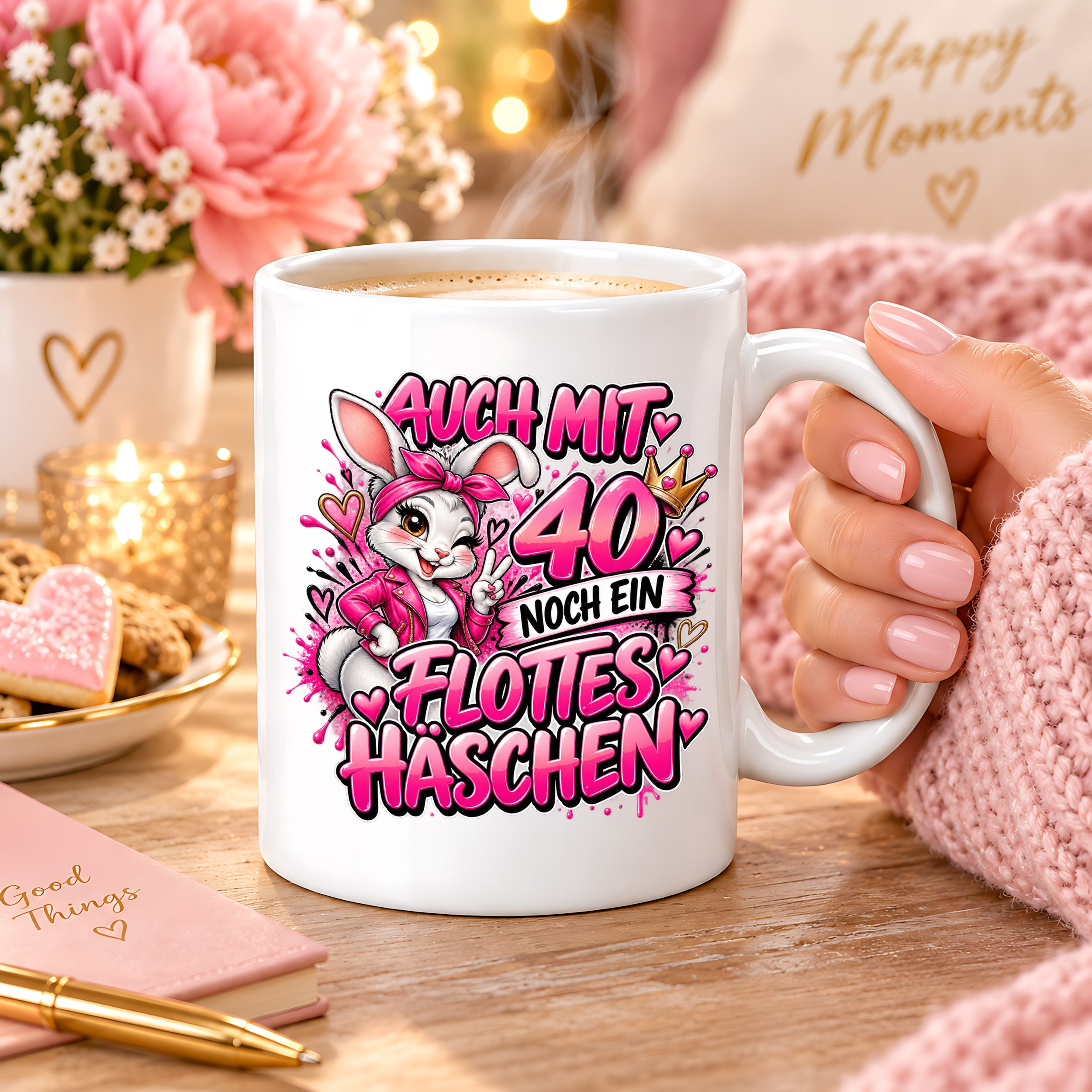 Herzbotschaft Tasse 40. Geburtstag Frau – Auch mit 40 noch ein flottes Häschen – lustiges Geburtstagsgeschenk für Frauen, Freundin, Schwester, Kollegin, Mama oder Ehefrau – witzige Hasen Tasse – 330 ml Keramiktasse