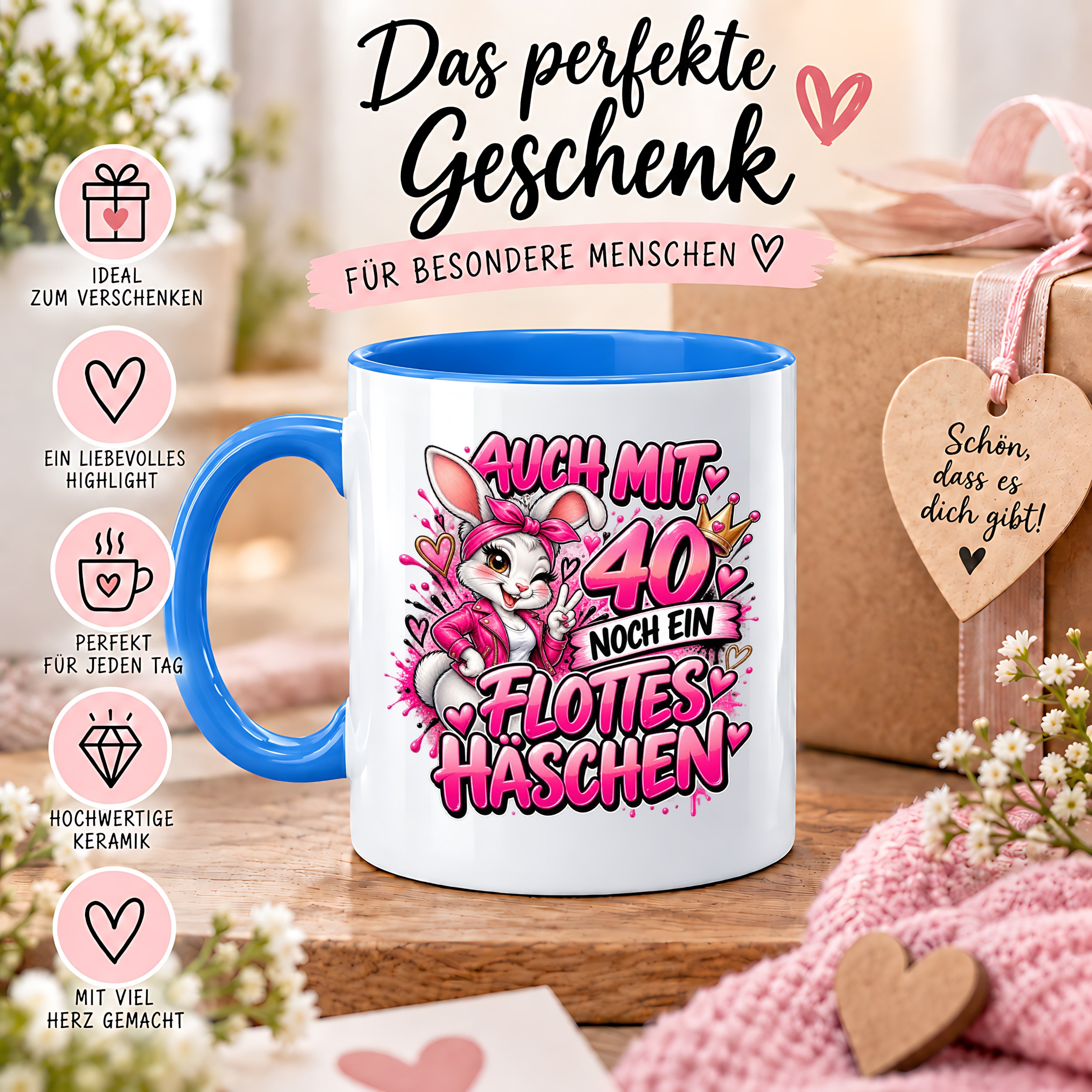 Herzbotschaft Tasse 40. Geburtstag Frau – Auch mit 40 noch ein flottes Häschen – lustiges Geburtstagsgeschenk für Frauen, Freundin, Schwester, Kollegin, Mama oder Ehefrau – witzige Hasen Tasse – 330 ml Keramiktasse